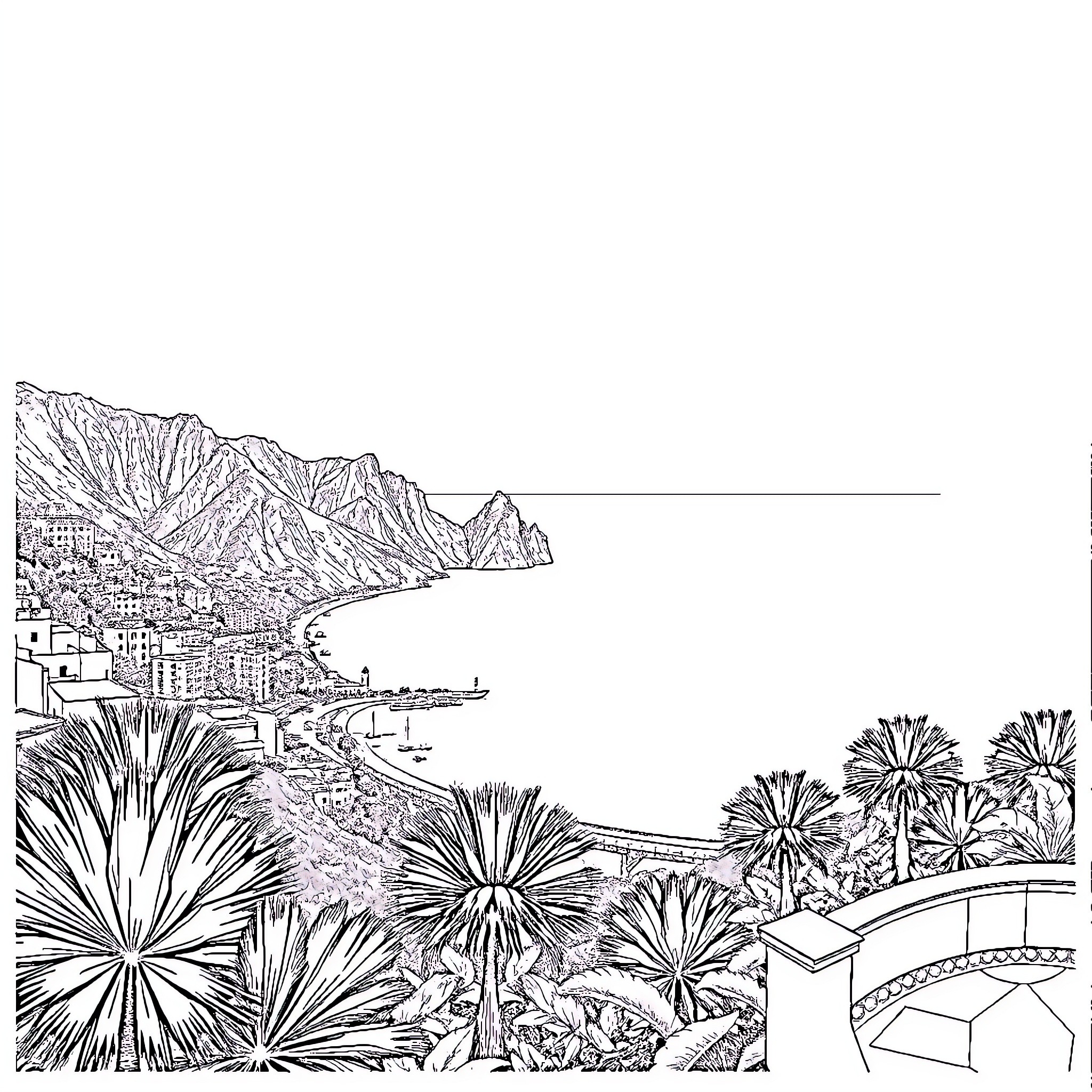 Balcony view of mountainous coastal town Coloring Page (free black-and-white line drawing printable PDF for all, from beginners to advanced learners, including children, teens, adults, and seniors)