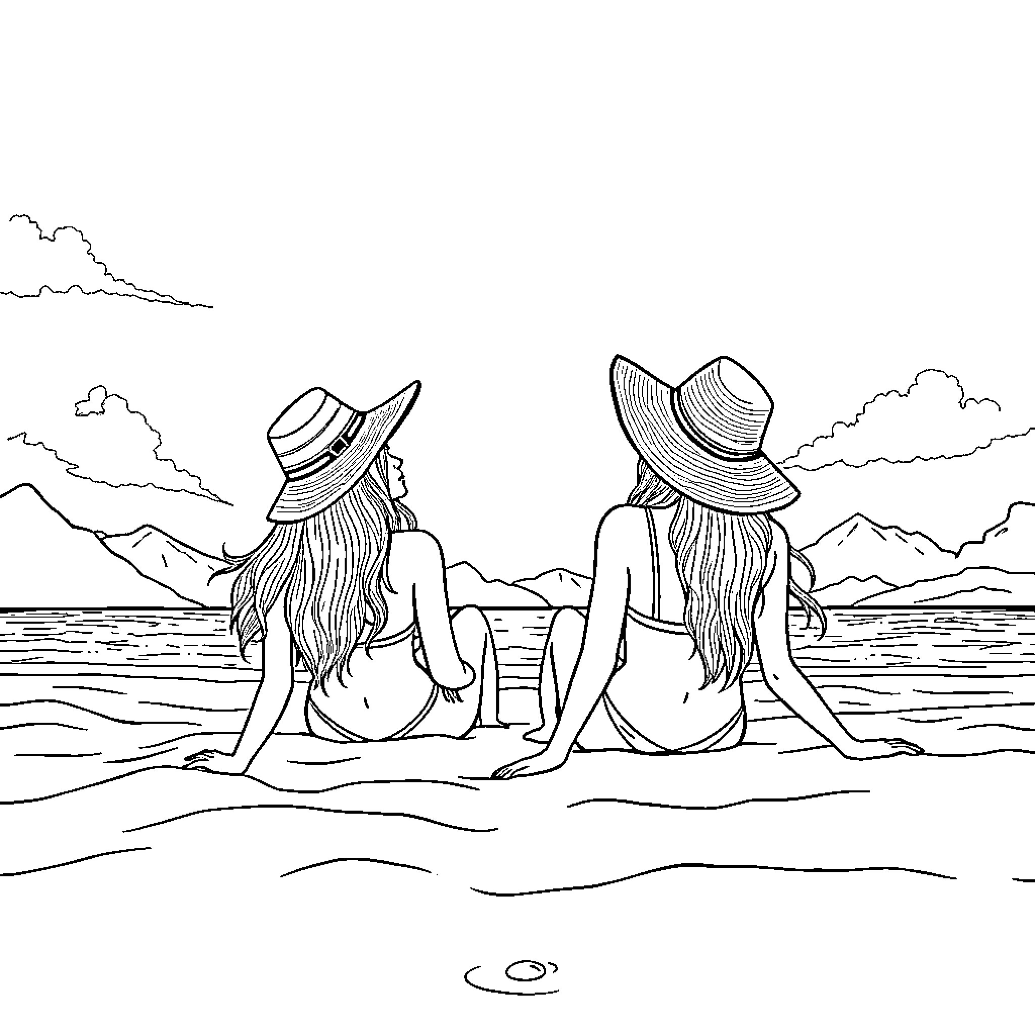 Girl Enjoying Beach Scenery with Friend Coloring Page (free black-and-white line drawing printable PDF for all, from beginners to advanced learners, including children, teens, adults, and seniors)
