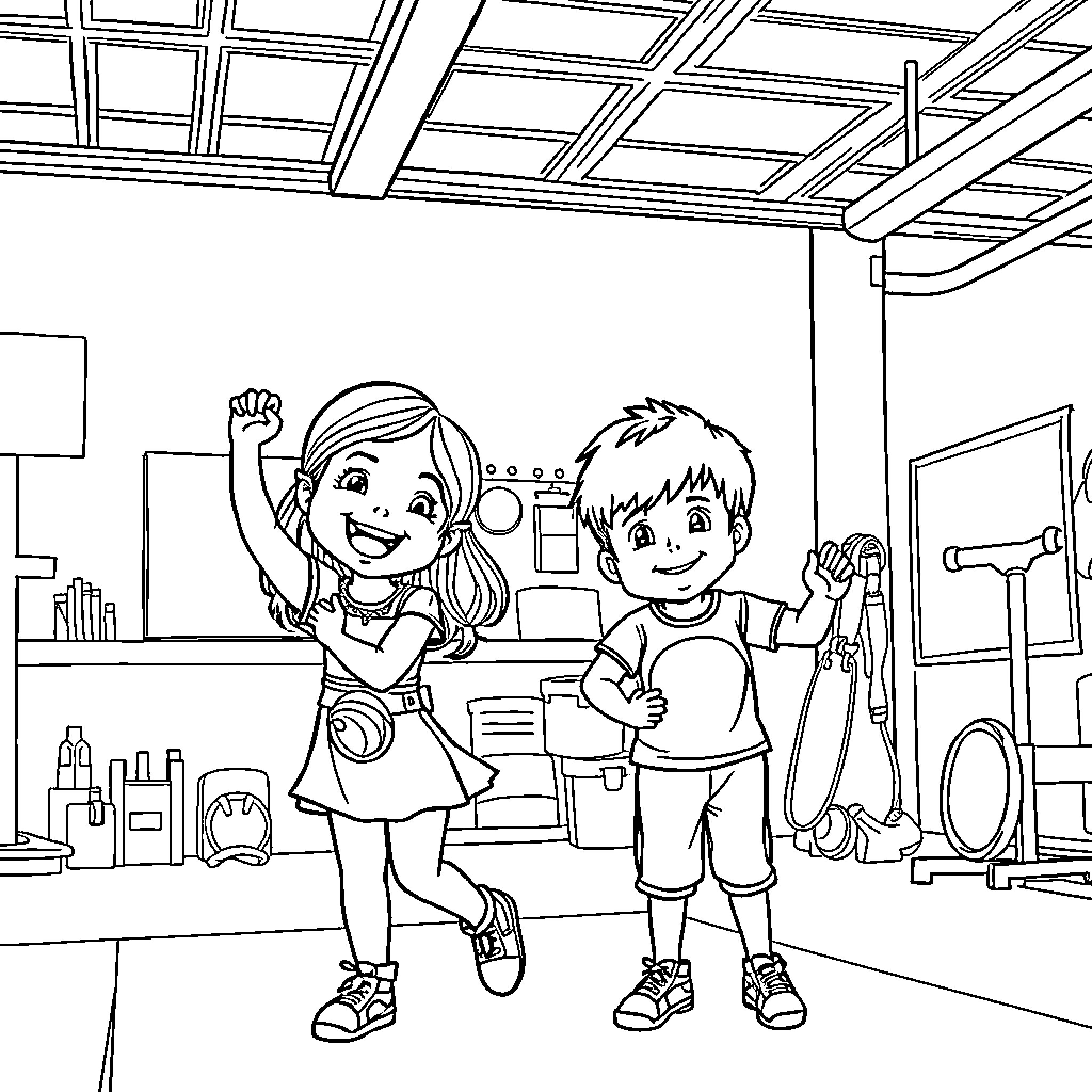Niños playing and exploring in classroom Coloring Page (free black-and-white line drawing printable PDF for all, from beginners to advanced learners, including children, teens, adults, and seniors)