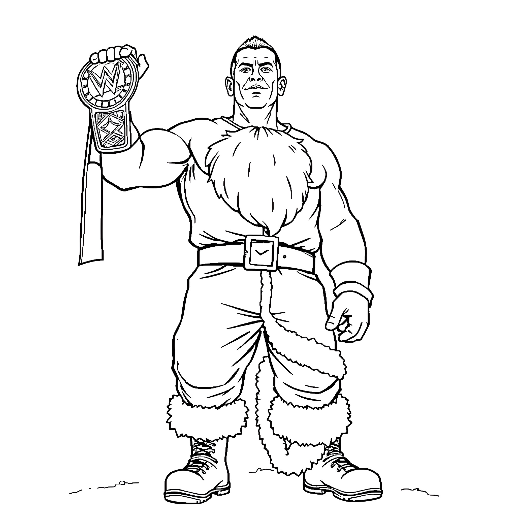 John Cena as a muscular wrestler posing with championship belt Coloring Page (free black-and-white line drawing printable PDF for all, from beginners to advanced learners, including children, teens, adults, and seniors)