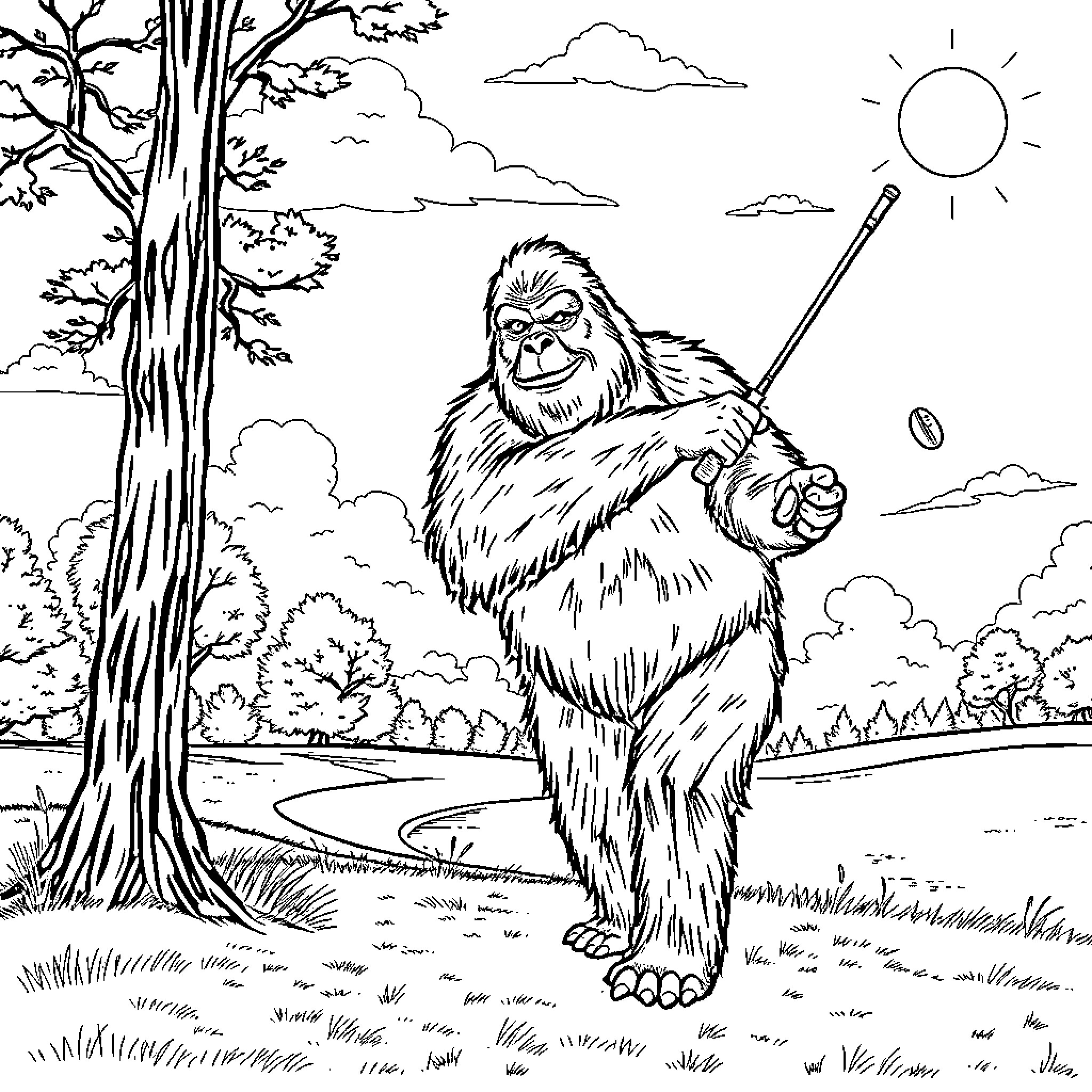 Bigfoot enjoying a sunny day in the forest Coloring Page (free black-and-white line drawing printable PDF for all, from beginners to advanced learners, including children, teens, adults, and seniors)