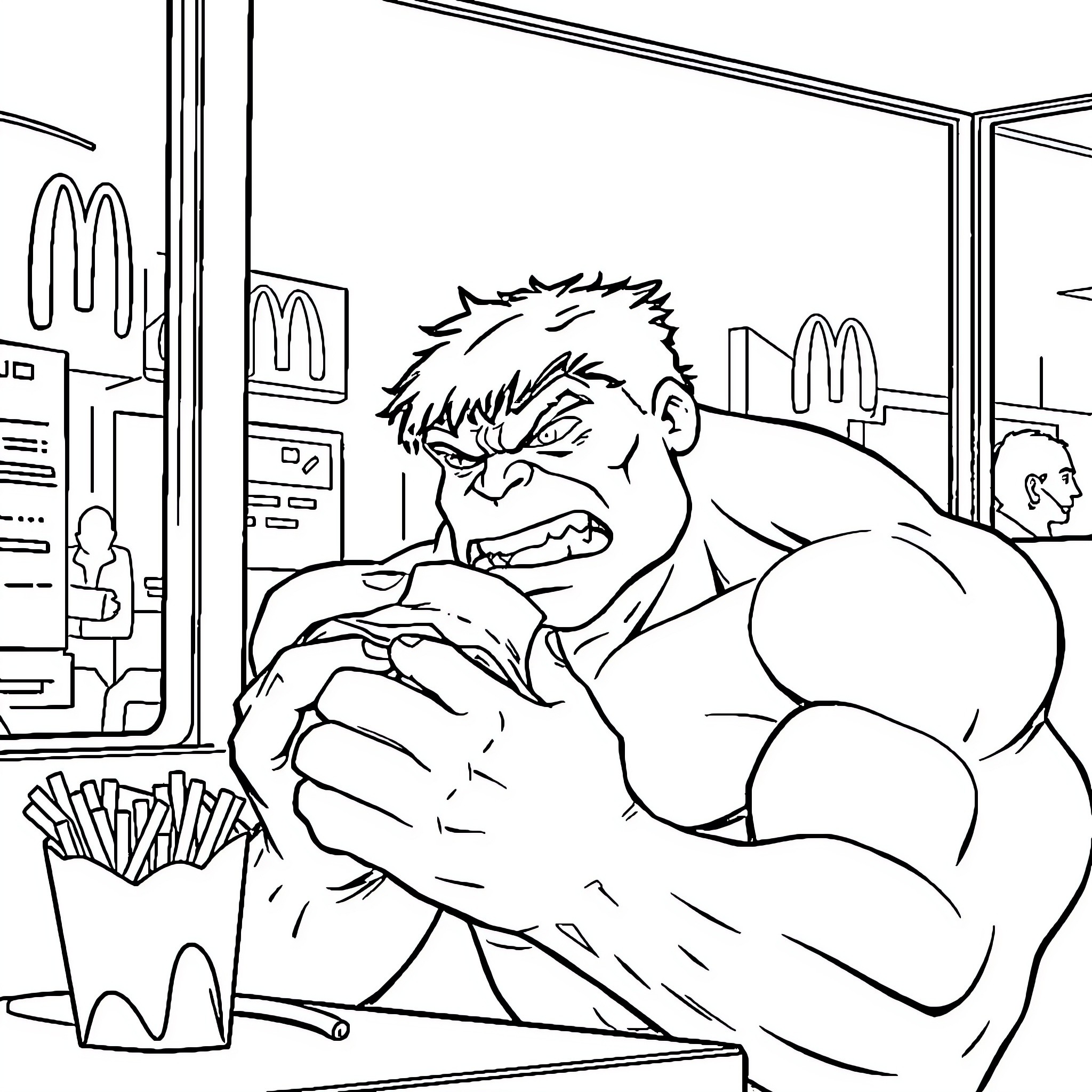 Hulk angered in a fast food restaurant Coloring Page (free black-and-white line drawing printable PDF for all, from beginners to advanced learners, including children, teens, adults, and seniors)