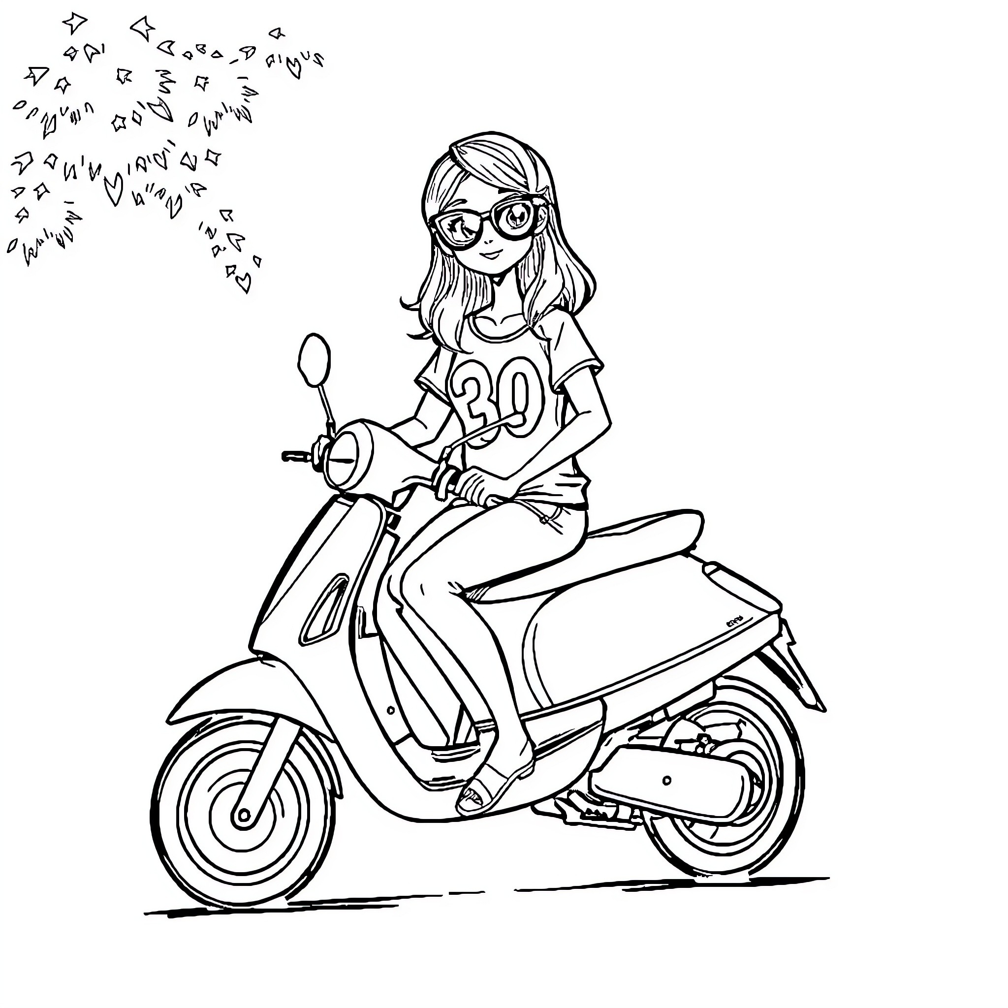 Fille riding a scooter in the city Coloring Page (free black-and-white line drawing printable PDF for all, from beginners to advanced learners, including children, teens, adults, and seniors)