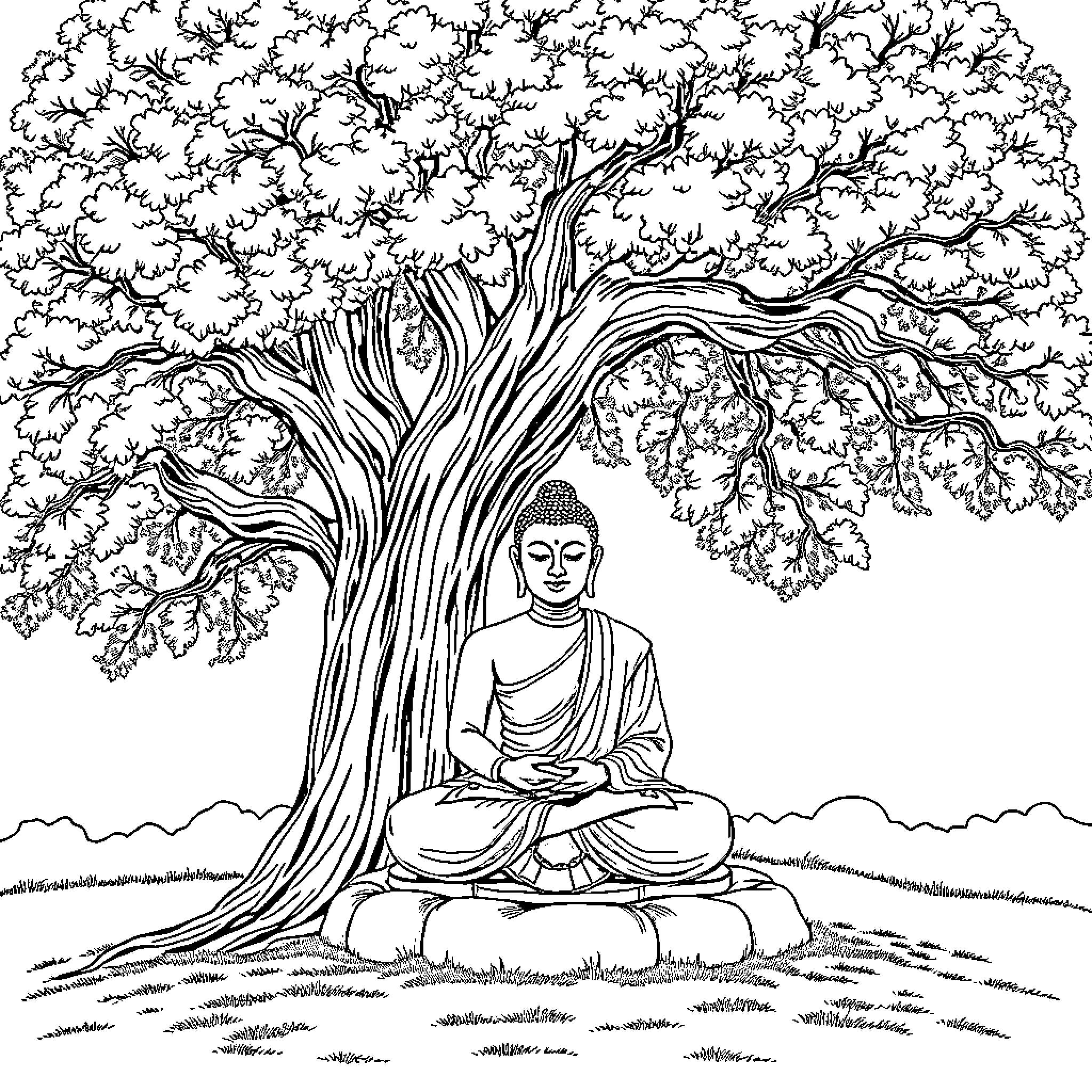 Buddha meditating under the tree of tranquility Coloring Page (free black-and-white line drawing printable PDF for all, from beginners to advanced learners, including children, teens, adults, and seniors)