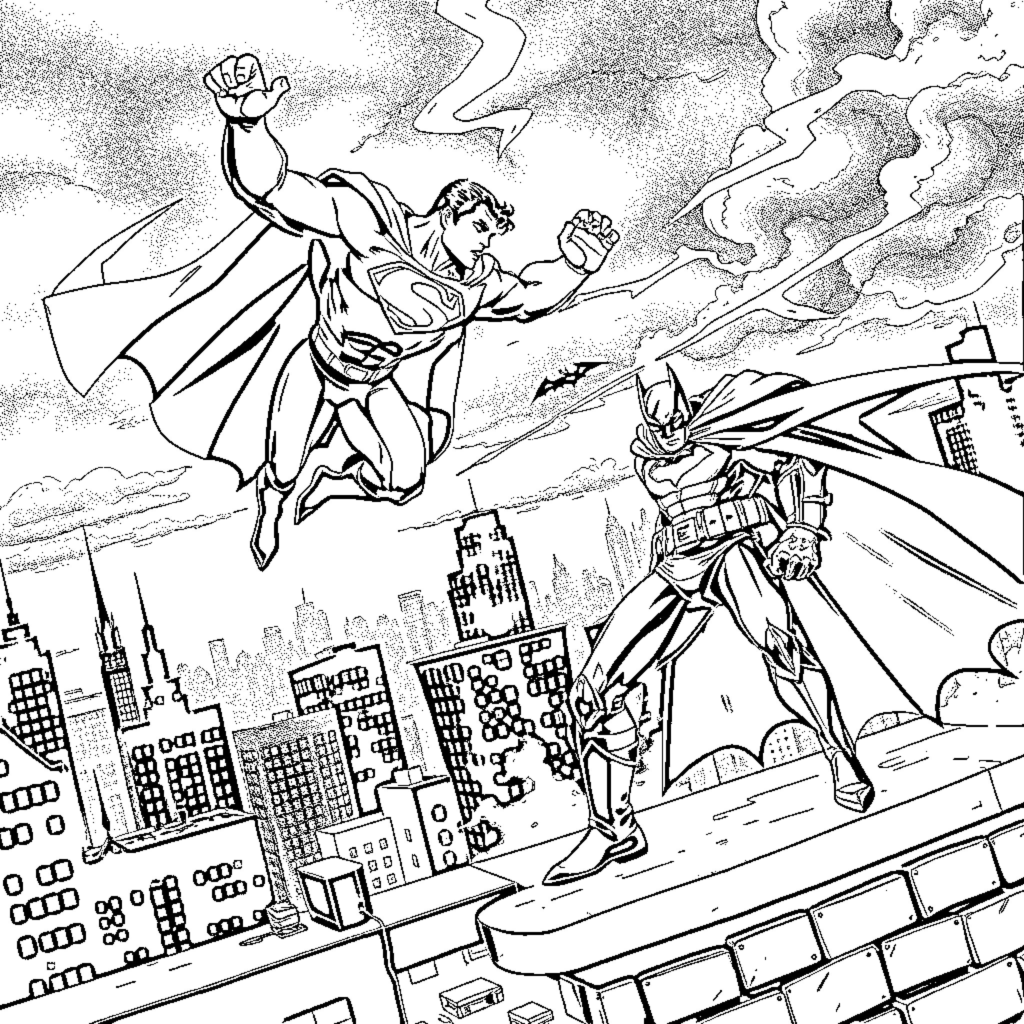 Superman confronting villainous foe over city skyline Coloring Page (free black-and-white line drawing printable PDF for all, from beginners to advanced learners, including children, teens, adults, and seniors)