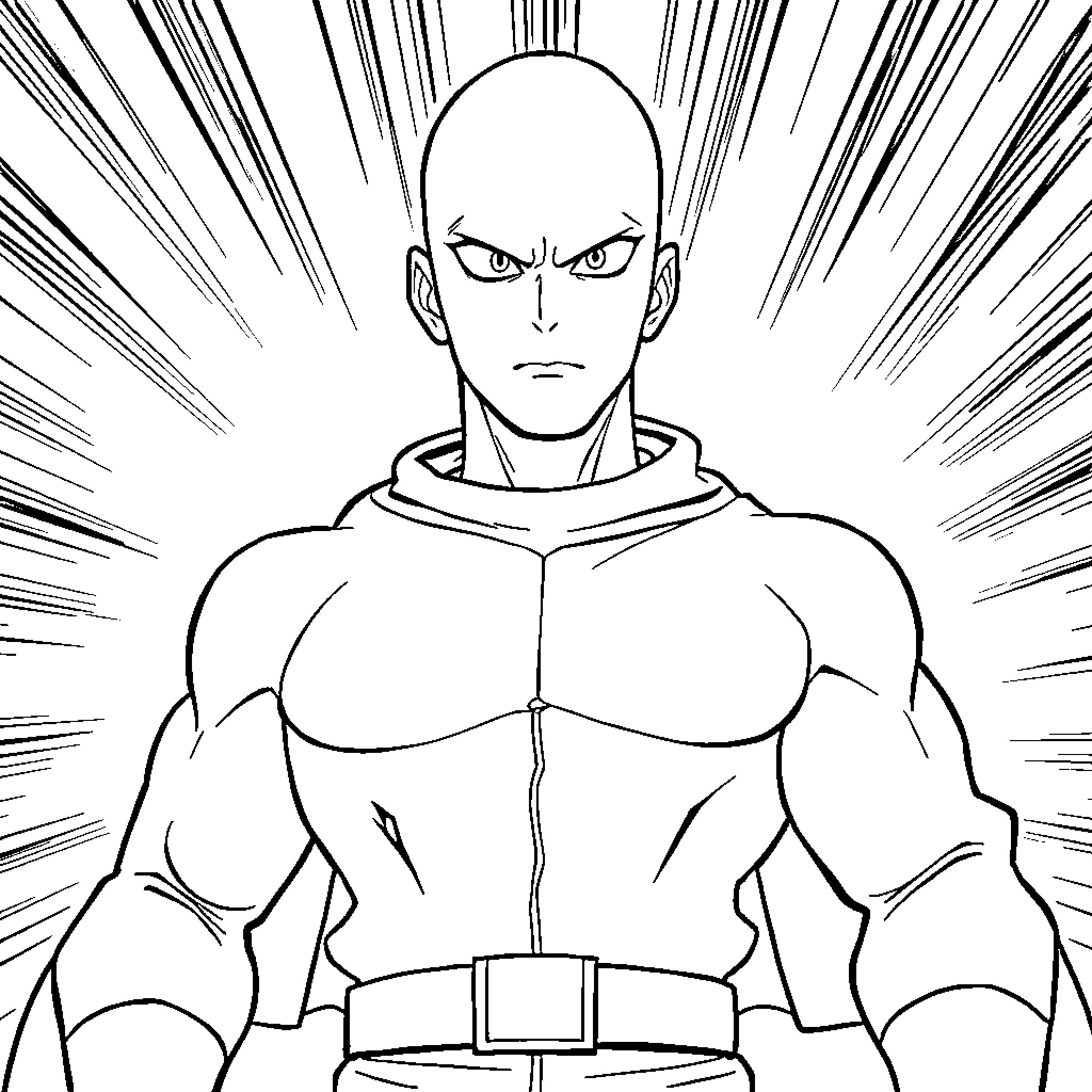 Saitama standing with a serious and intense expression Coloring Page (free black-and-white line drawing printable PDF for all, from beginners to advanced learners, including children, teens, adults, and seniors)