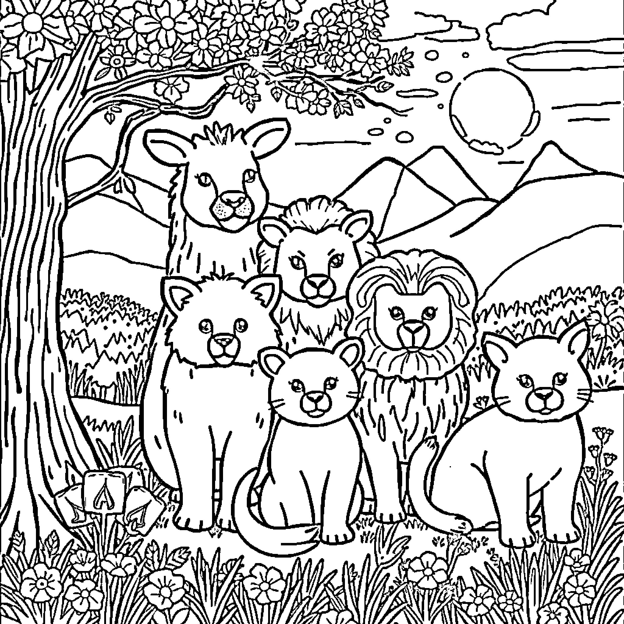 Animal friends in a serene nature scene Coloring Page (free black-and-white line drawing printable PDF for all, from beginners to advanced learners, including children, teens, adults, and seniors)