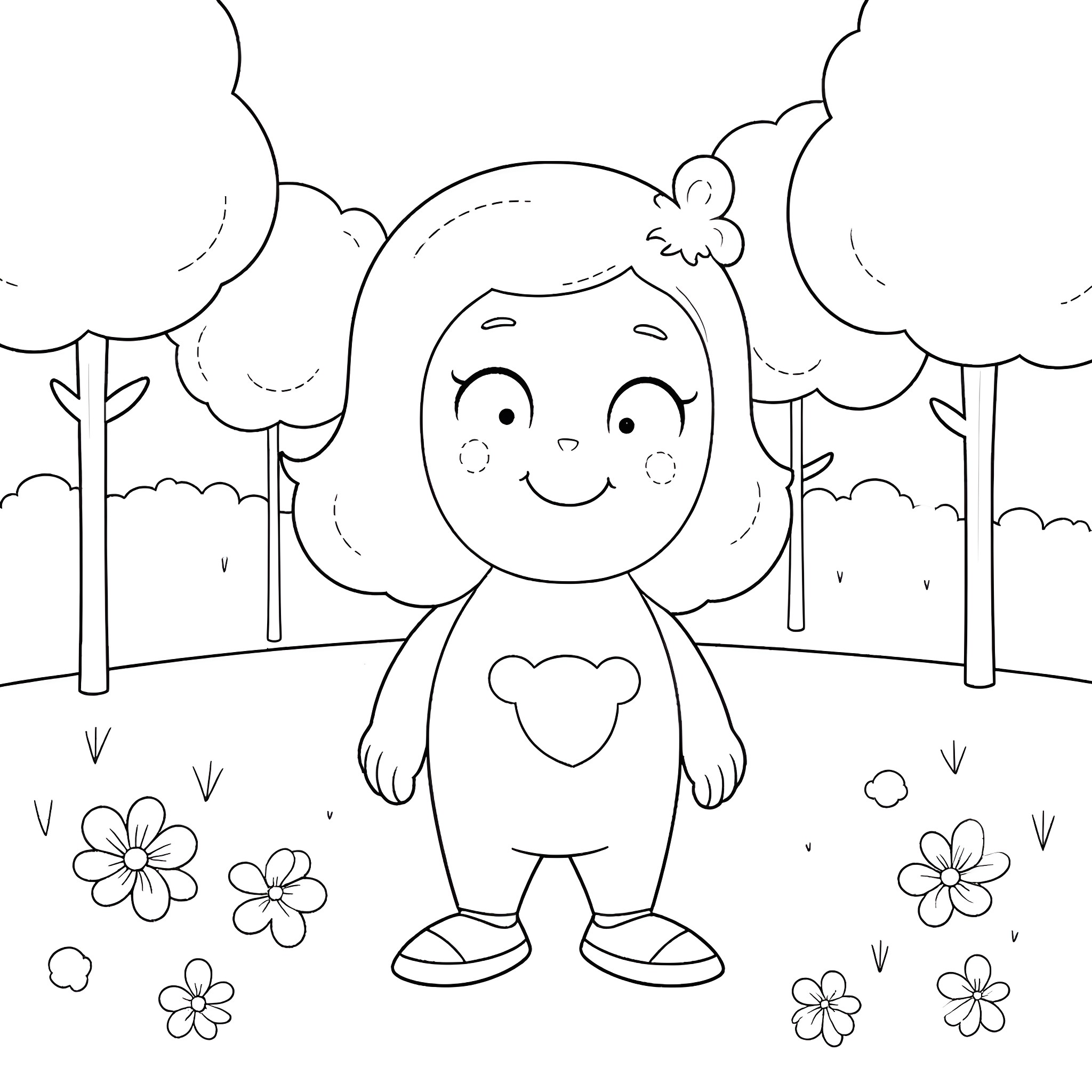 Aml happy cartoon character in nature scene Coloring Page (free black-and-white line drawing printable PDF for all, from beginners to advanced learners, including children, teens, adults, and seniors)