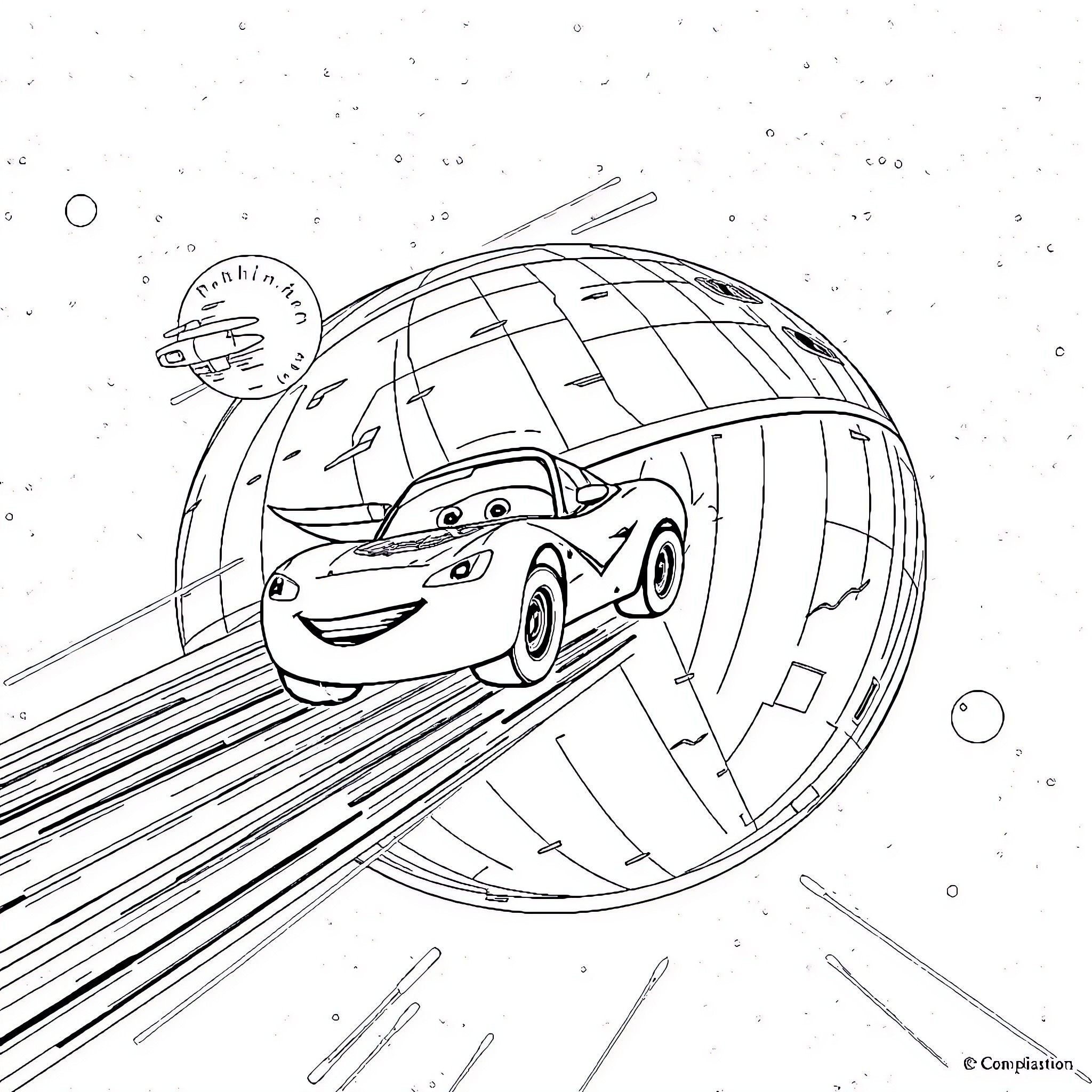 Flash McQueen racing through the futuristic space Coloring Page (free black-and-white line drawing printable PDF for all, from beginners to advanced learners, including children, teens, adults, and seniors)