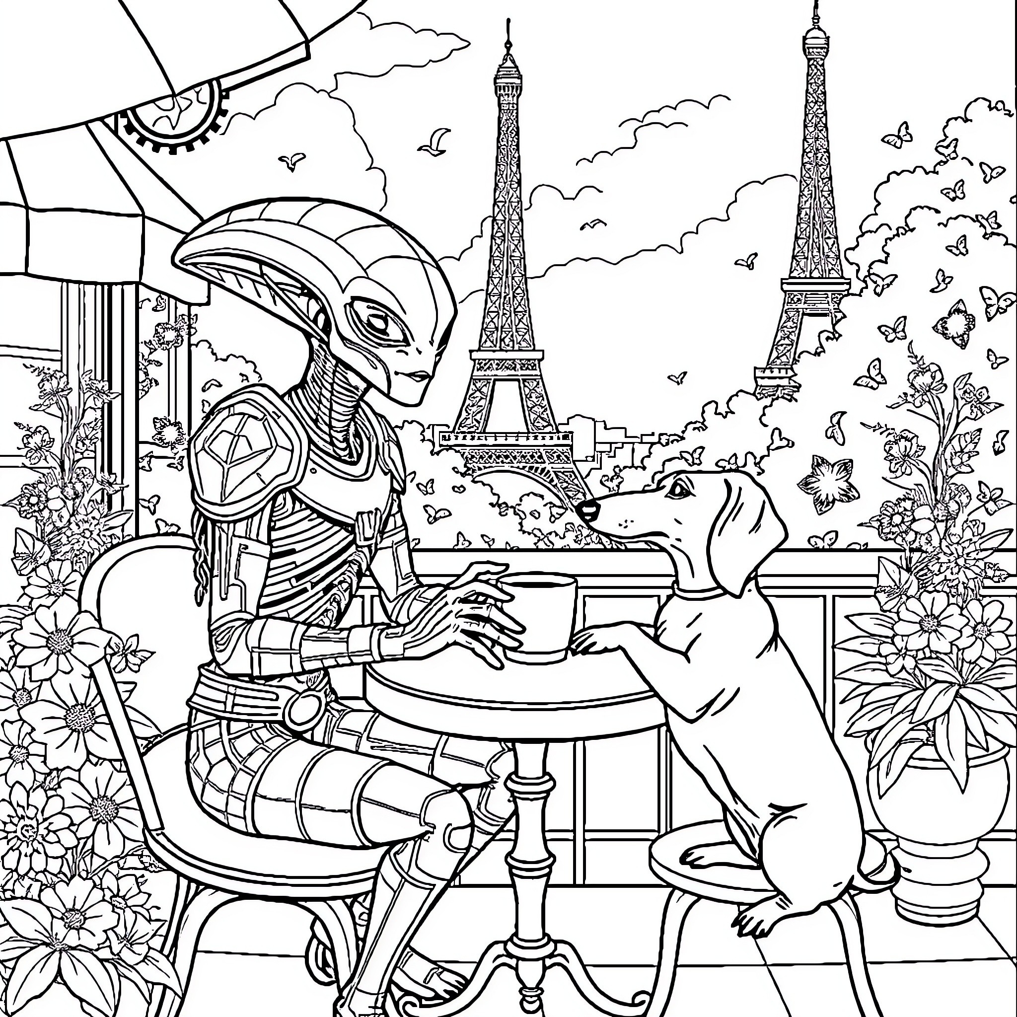 Yautja Alien Enjoying Coffee in Parisian Cafe Coloring Page (free black-and-white line drawing printable PDF for all, from beginners to advanced learners, including children, teens, adults, and seniors)