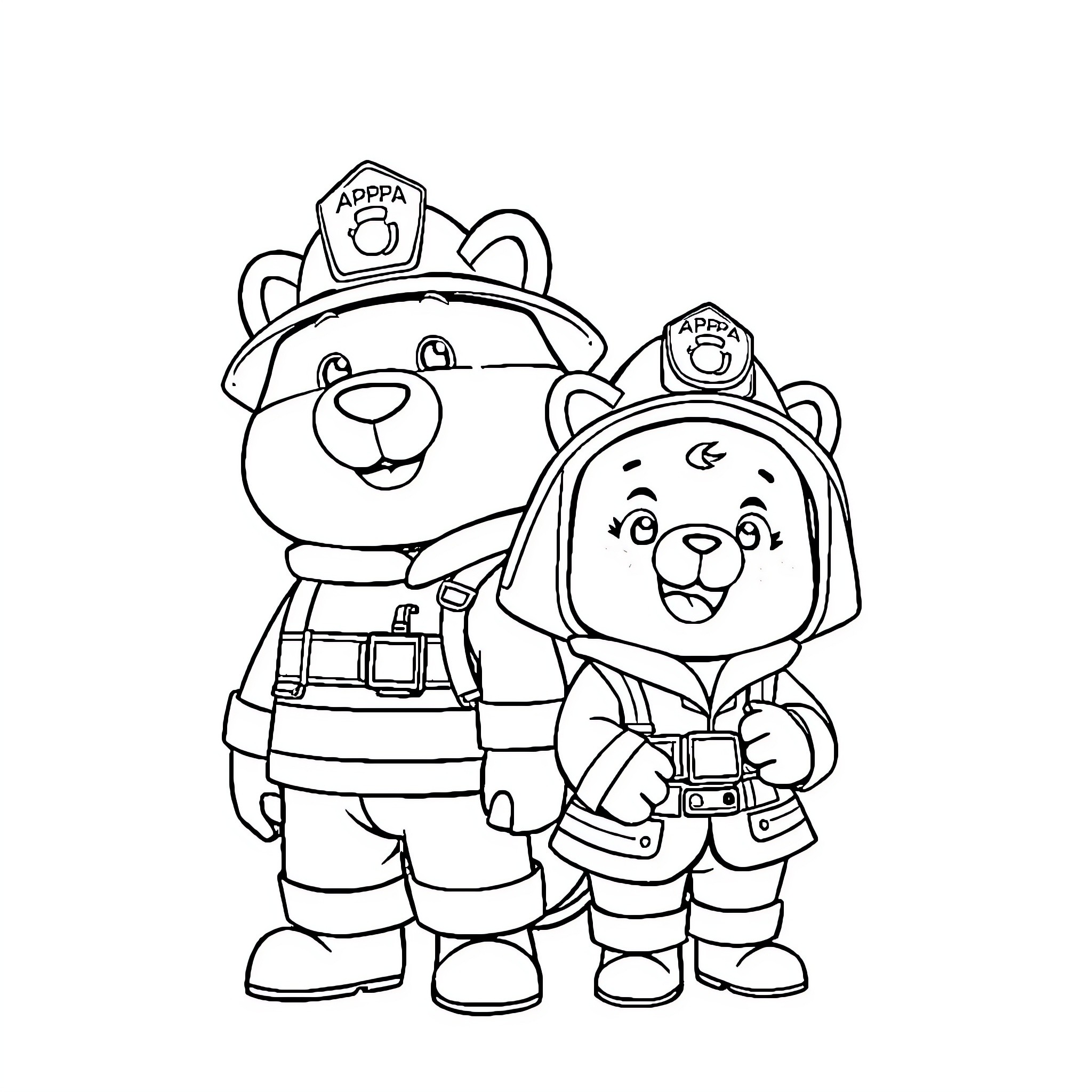 Appa and Momo in firefighter uniforms Coloring Page (free black-and-white line drawing printable PDF for all, from beginners to advanced learners, including children, teens, adults, and seniors)