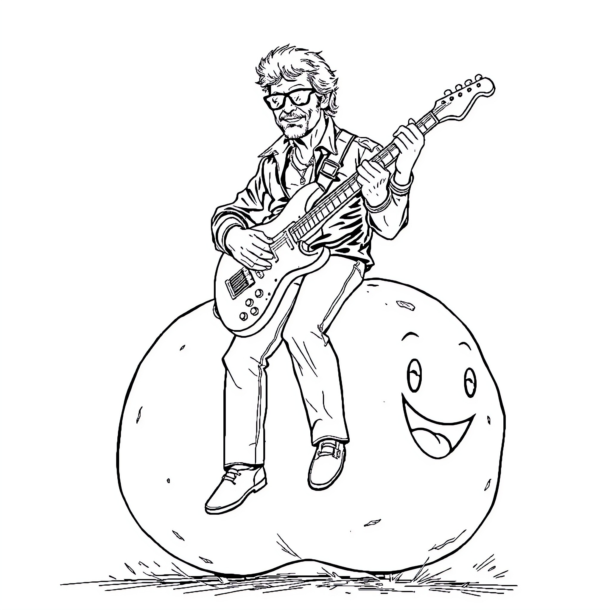Johnny Hallyday playing electric guitar on a smiling rock Coloring Page (free black-and-white line drawing printable PDF for all, from beginners to advanced learners, including children, teens, adults, and seniors)