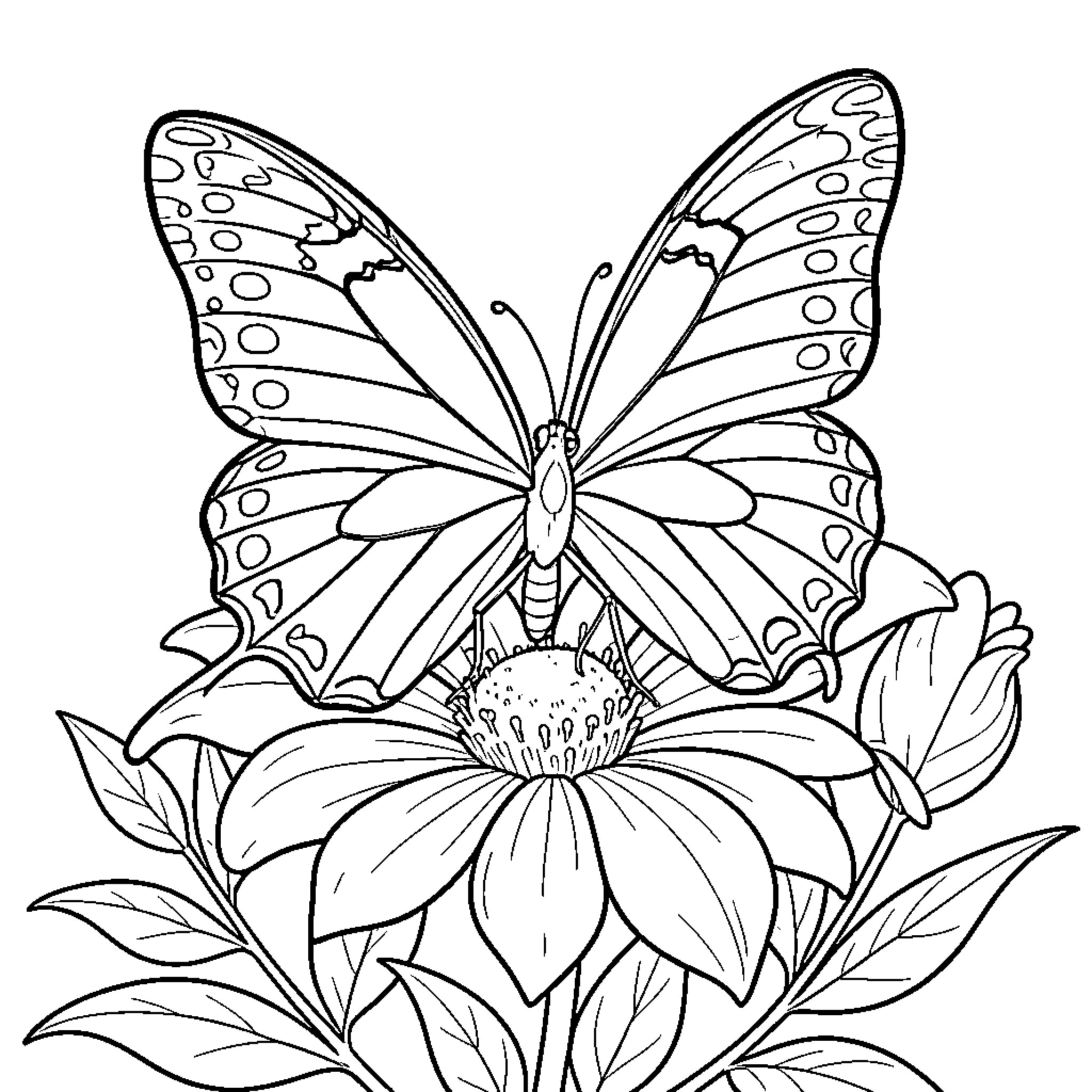 Butterfly resting on a vibrant flower Coloring Page (free black-and-white line drawing printable PDF for all, from beginners to advanced learners, including children, teens, adults, and seniors)