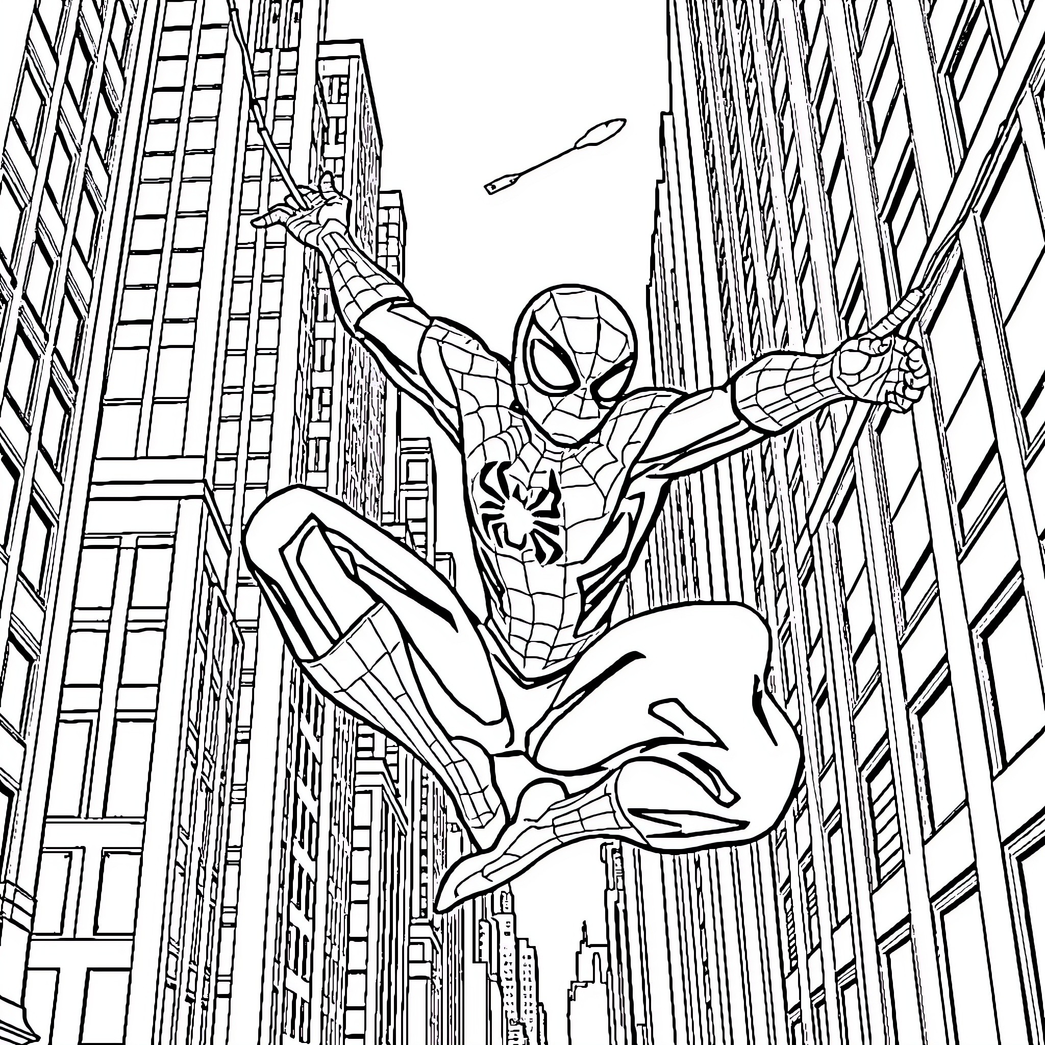 Spiderman swinging through the city skyscrapers Coloring Page (free black-and-white line drawing printable PDF for all, from beginners to advanced learners, including children, teens, adults, and seniors)