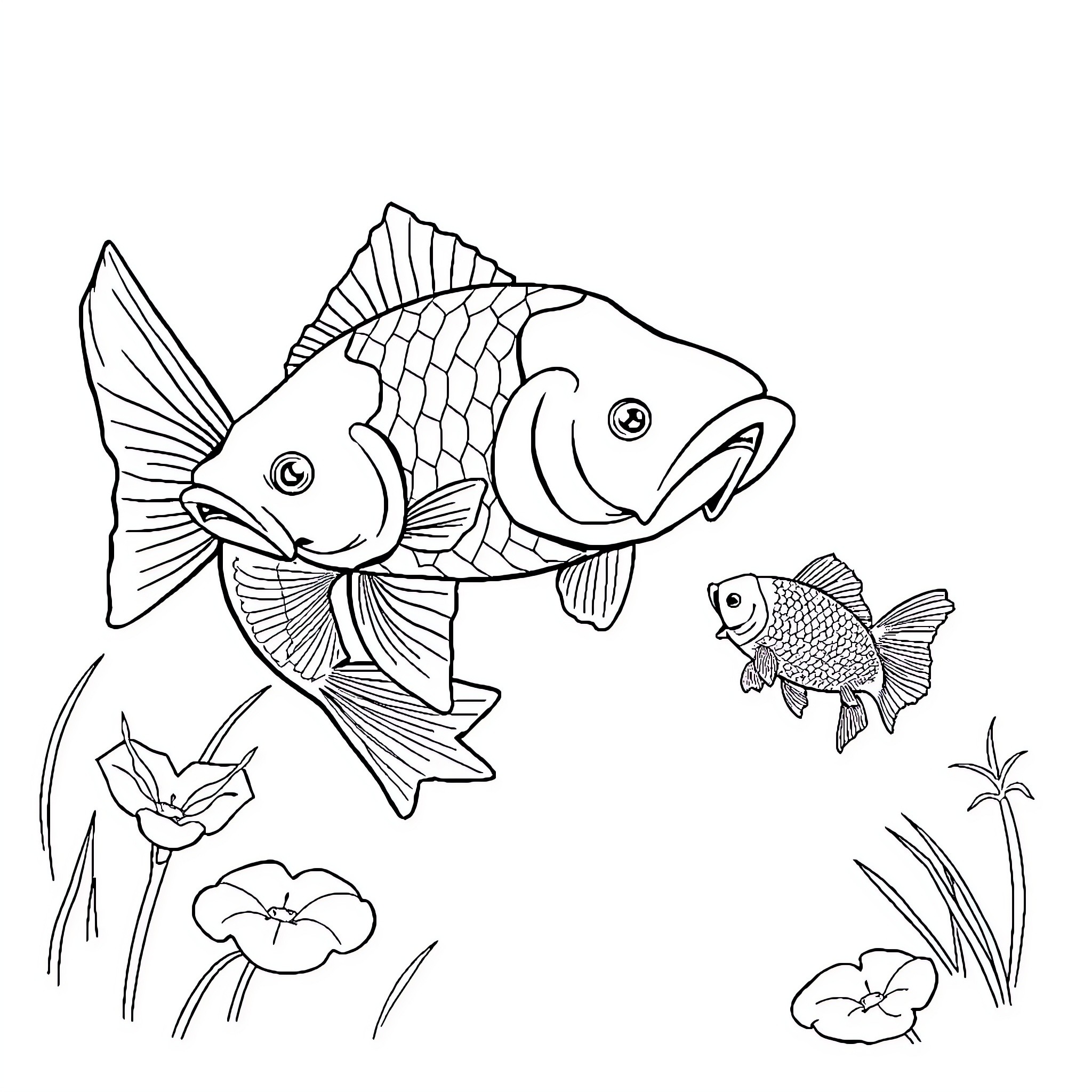 Carp swimming gracefully in the pond Coloring Page (free black-and-white line drawing printable PDF for all, from beginners to advanced learners, including children, teens, adults, and seniors)