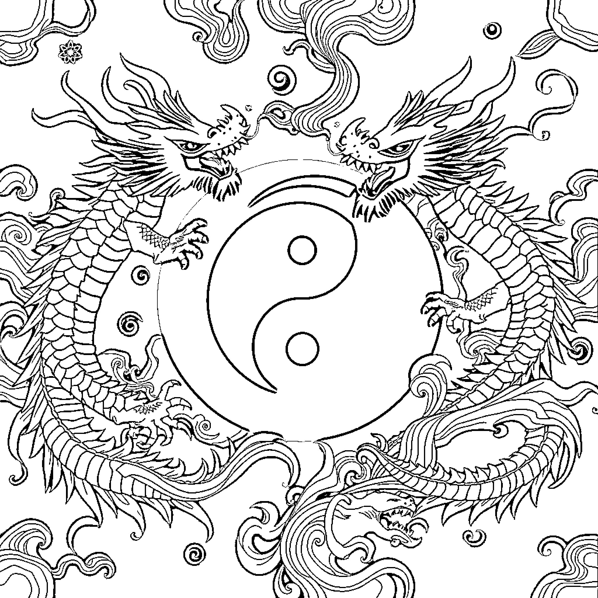 Dragon Guardians Encircling the Yin Yang Symbol Coloring Page (free black-and-white line drawing printable PDF for all, from beginners to advanced learners, including children, teens, adults, and seniors)