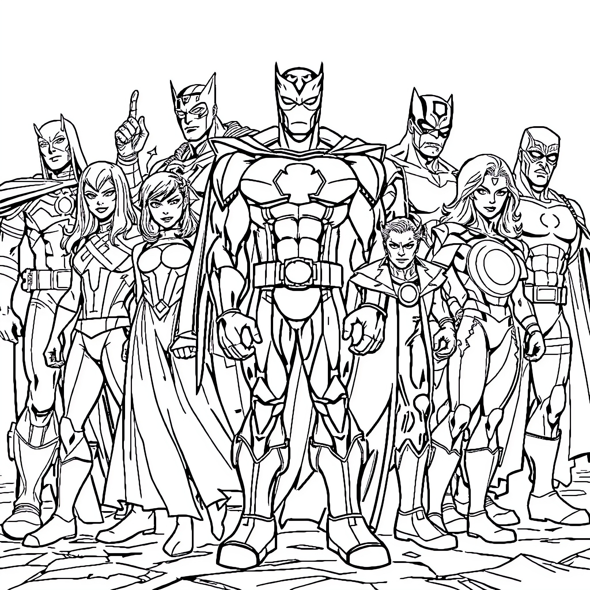 Marvel Character Group Pose in Heroic Outfits Coloring Page (free black-and-white line drawing printable PDF for all, from beginners to advanced learners, including children, teens, adults, and seniors)