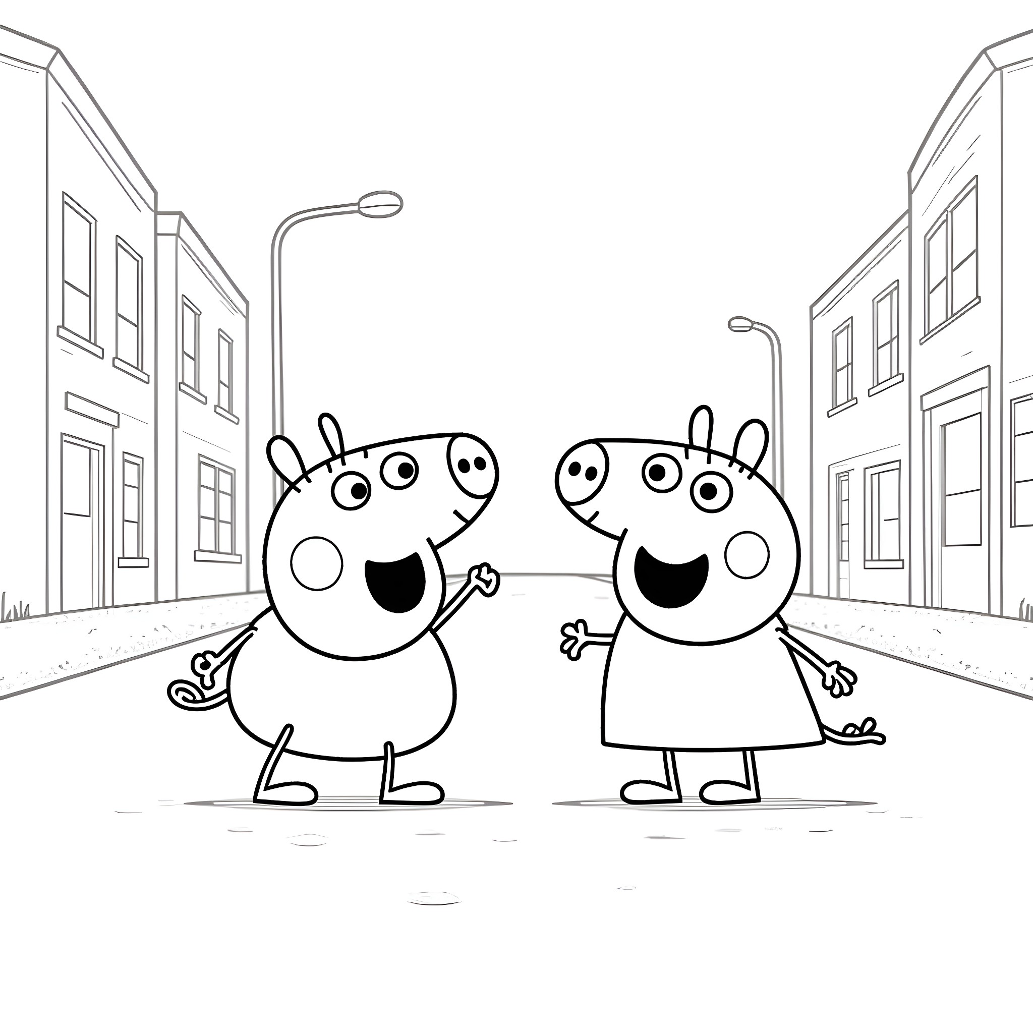 Bluey and Bingo having fun on the street Coloring Page (free black-and-white line drawing printable PDF for all, from beginners to advanced learners, including children, teens, adults, and seniors)