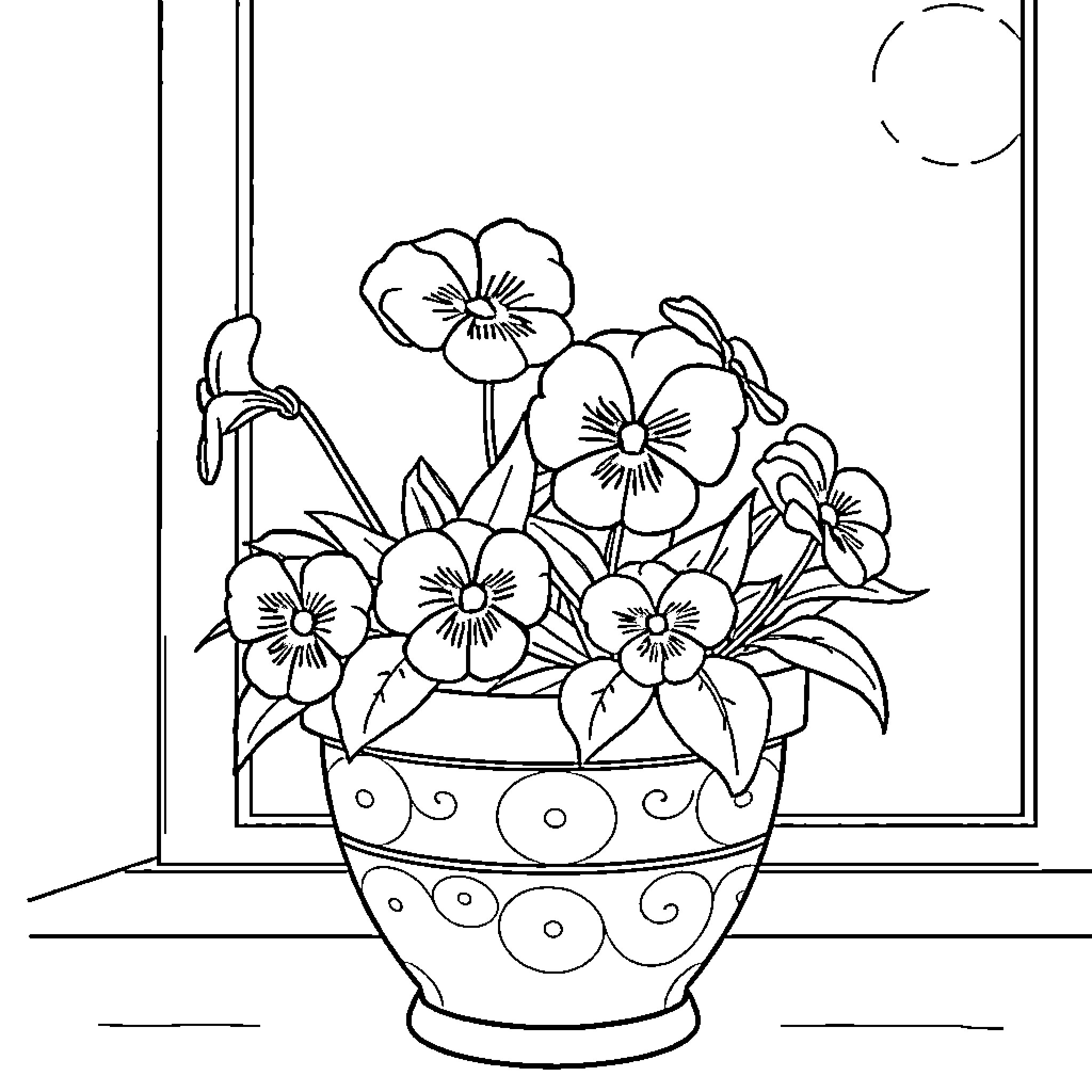 Pansy flowers in a decorative vase by the window Coloring Page (free black-and-white line drawing printable PDF for all, from beginners to advanced learners, including children, teens, adults, and seniors)