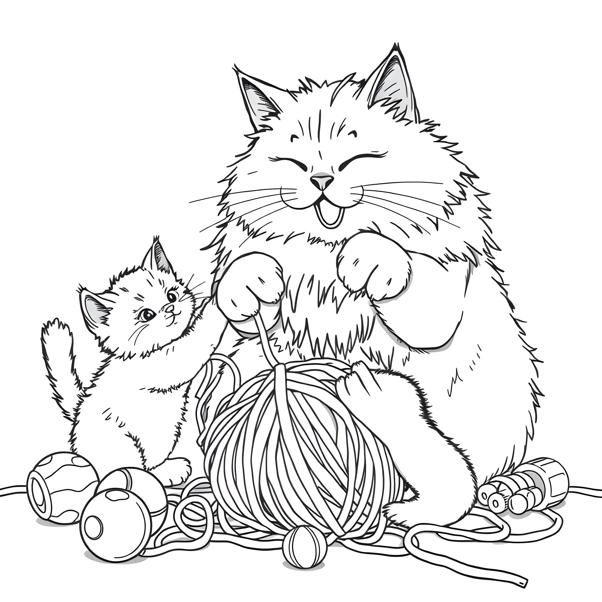 Cat playing with yarn and balls of thread Coloring Page (free black-and-white line drawing printable PDF for all, from beginners to advanced learners, including children, teens, adults, and seniors)