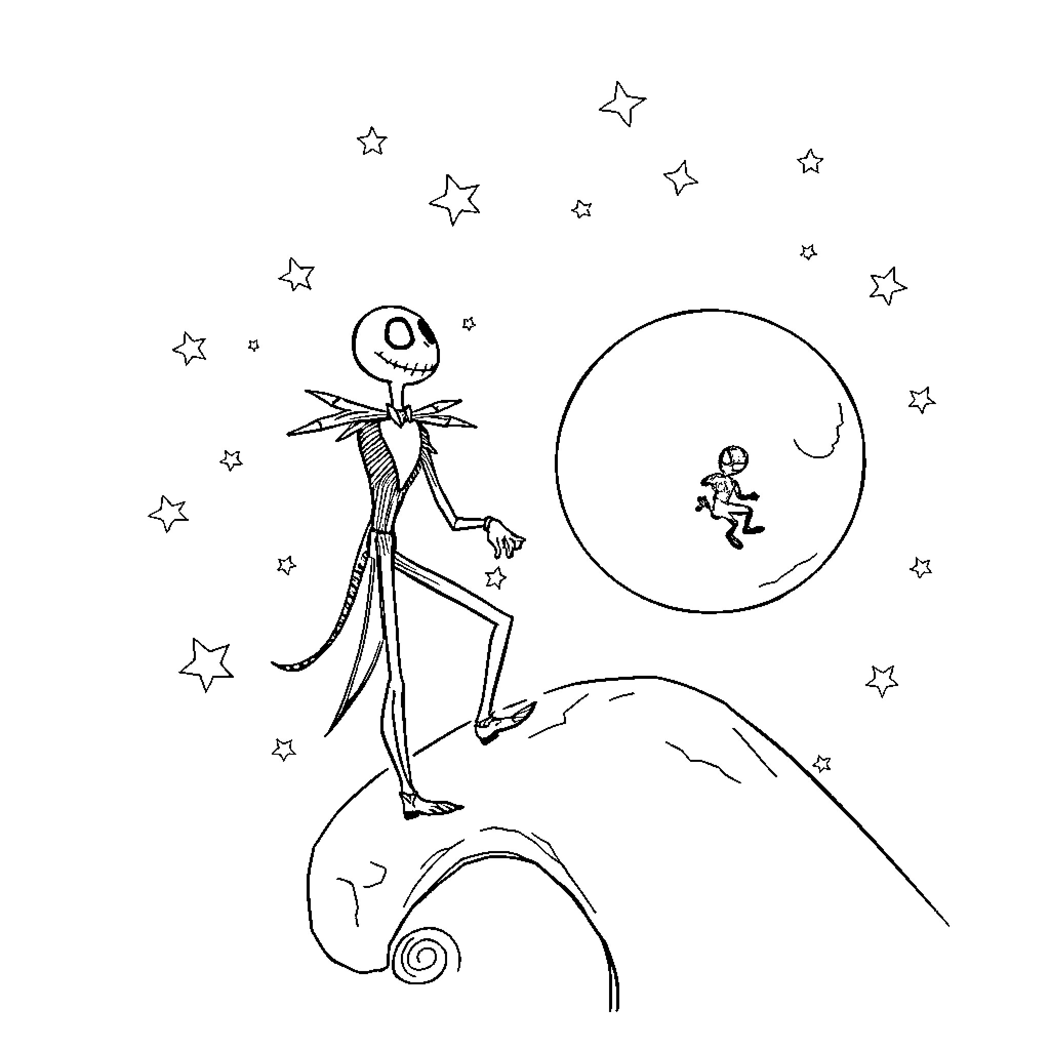 Jack Skellington explores the starry night sky Coloring Page (free black-and-white line drawing printable PDF for all, from beginners to advanced learners, including children, teens, adults, and seniors)
