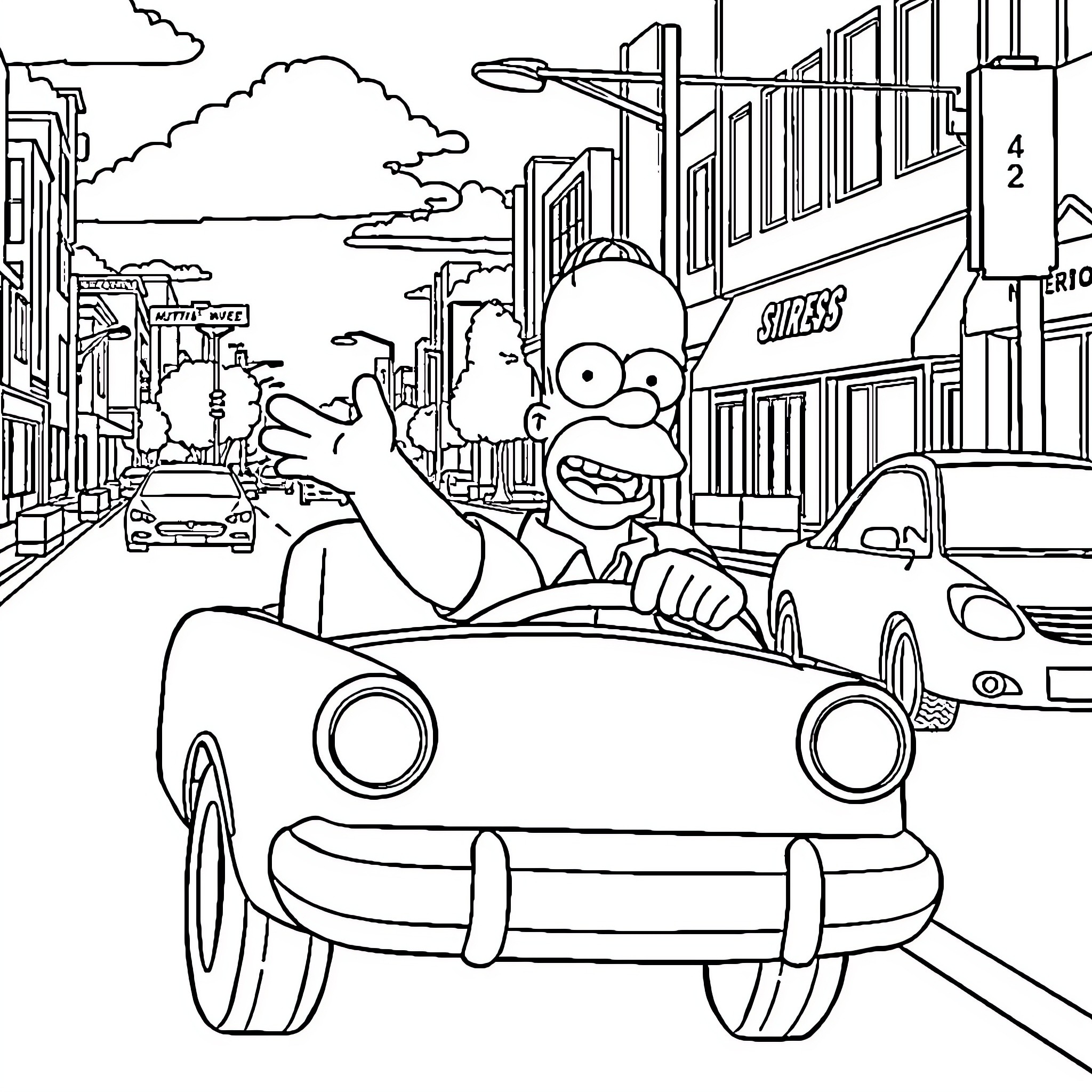 Homer Simpson driving through the city Coloring Page (free black-and-white line drawing printable PDF for all, from beginners to advanced learners, including children, teens, adults, and seniors)
