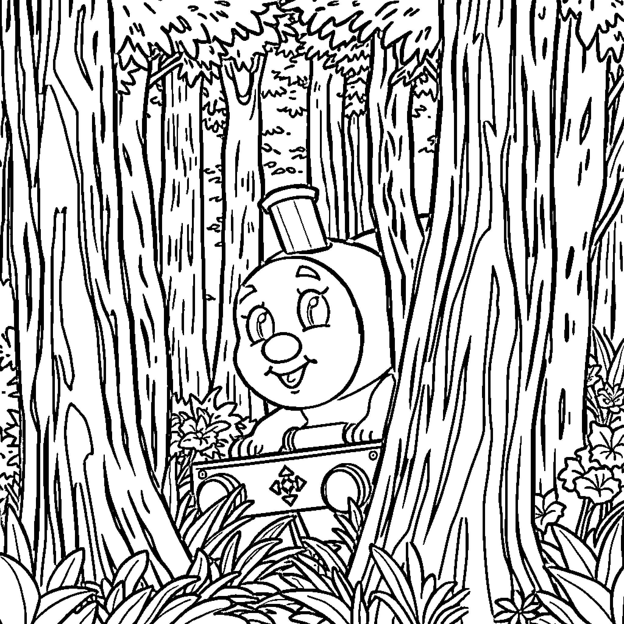 Choo Choo Charles exploring the enchanted forest Coloring Page (free black-and-white line drawing printable PDF for all, from beginners to advanced learners, including children, teens, adults, and seniors)
