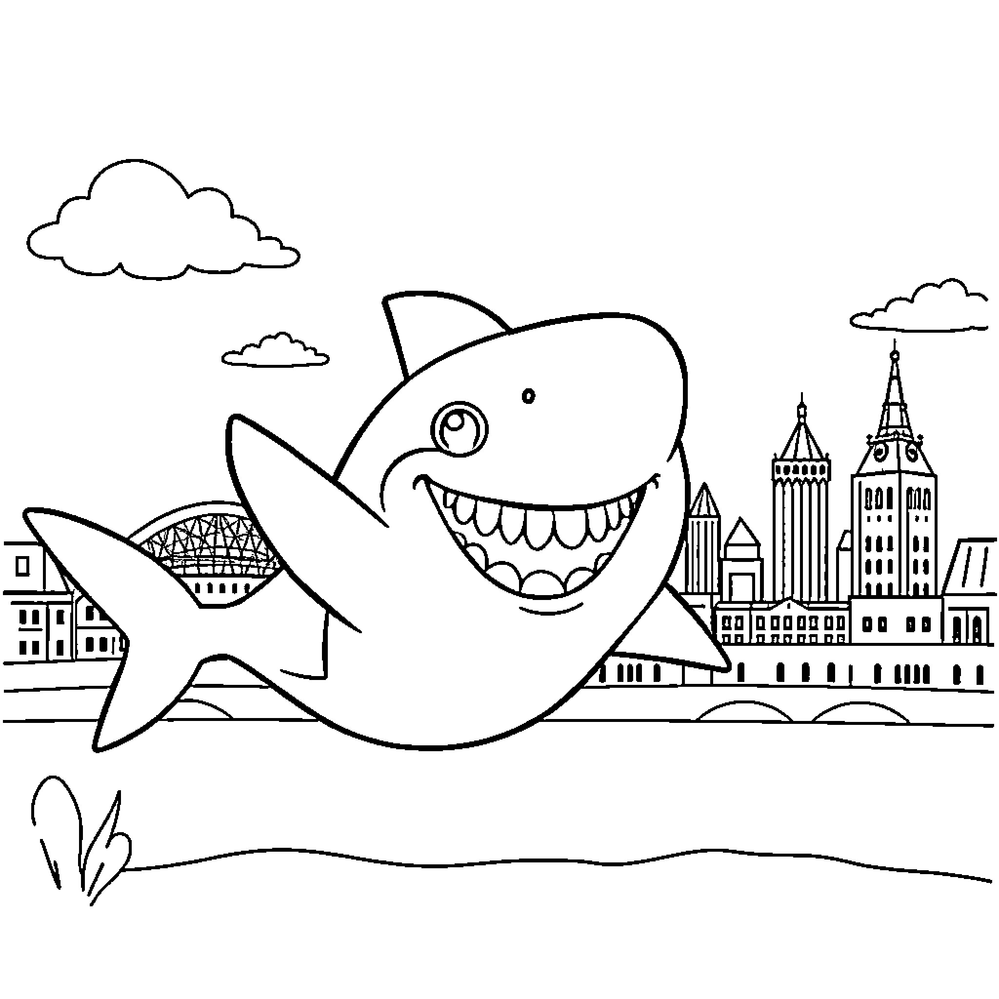 Shark swimming happily in the city Coloring Page (free black-and-white line drawing printable PDF for all, from beginners to advanced learners, including children, teens, adults, and seniors)
