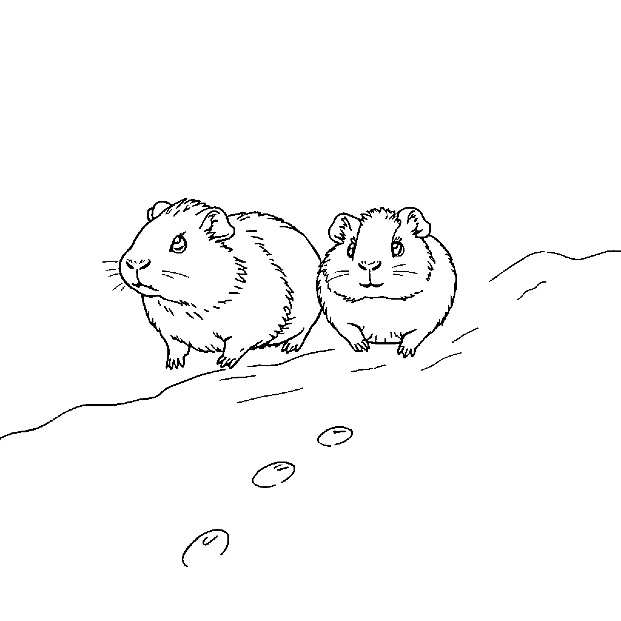 Guinea Pigs Exploring the Outdoors Coloring Page (free black-and-white line drawing printable PDF for all, from beginners to advanced learners, including children, teens, adults, and seniors)