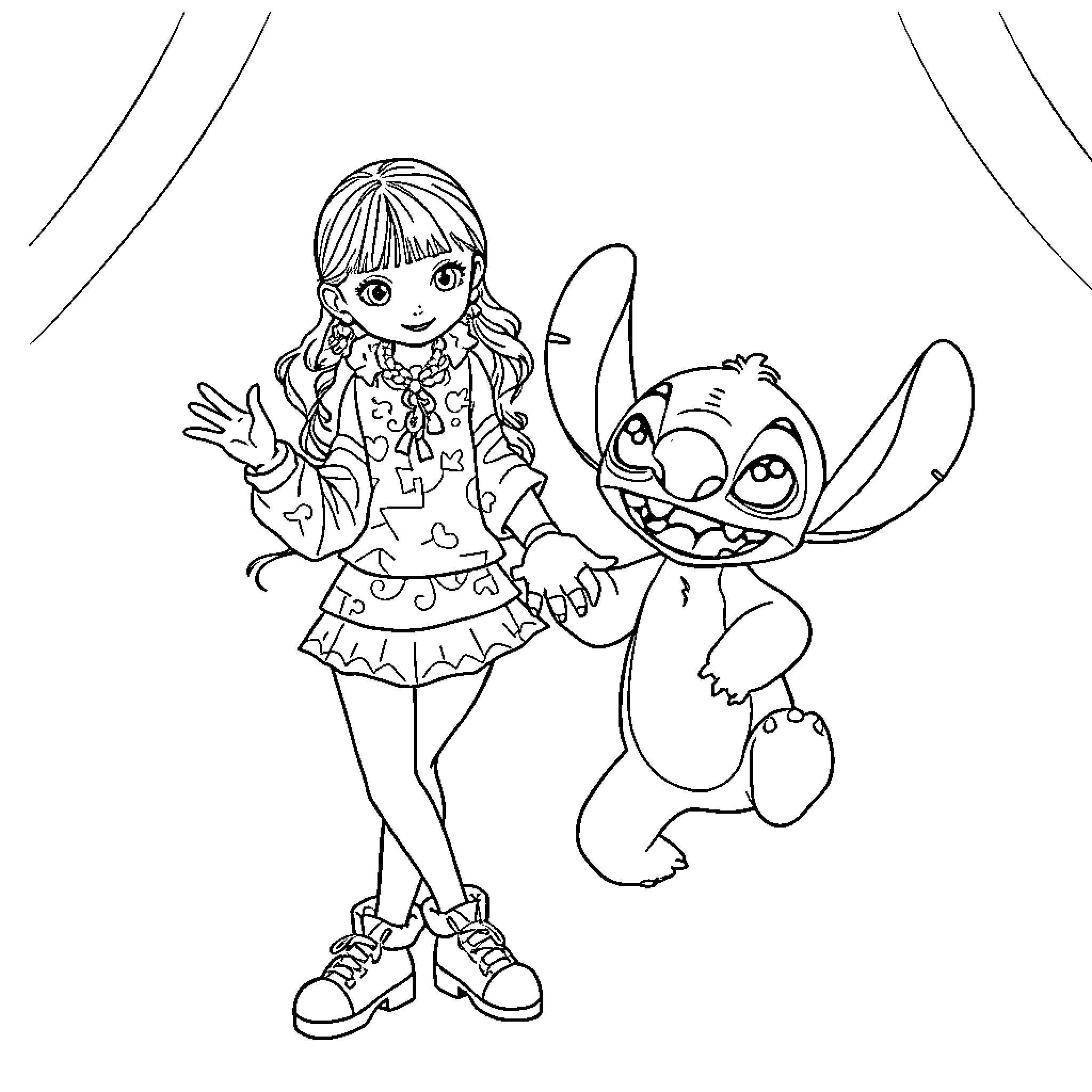 Rumi playing with a curious creature Coloring Page (free black-and-white line drawing printable PDF for all, from beginners to advanced learners, including children, teens, adults, and seniors)