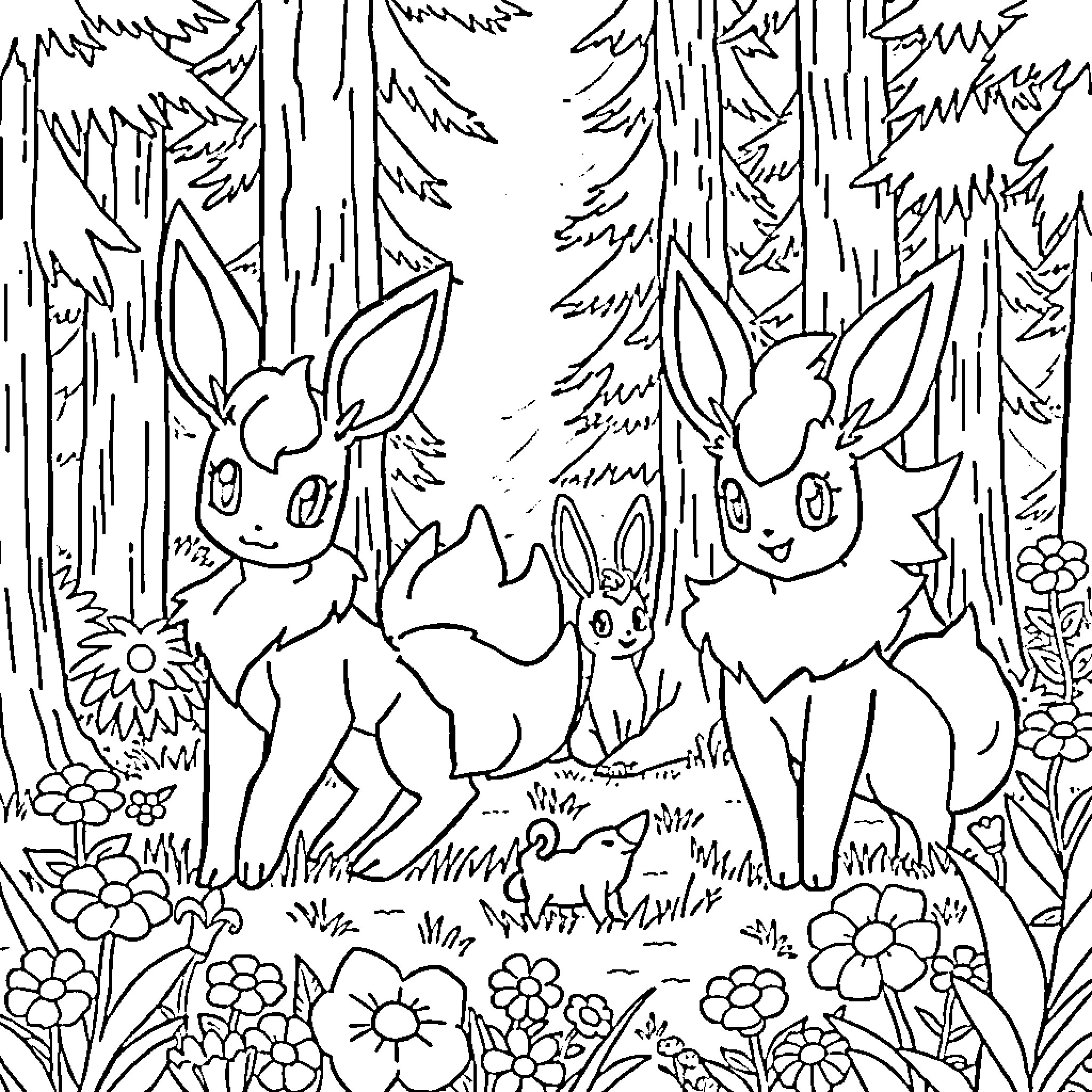 Pokémon Eevee family exploring the forest Coloring Page (free black-and-white line drawing printable PDF for all, from beginners to advanced learners, including children, teens, adults, and seniors)