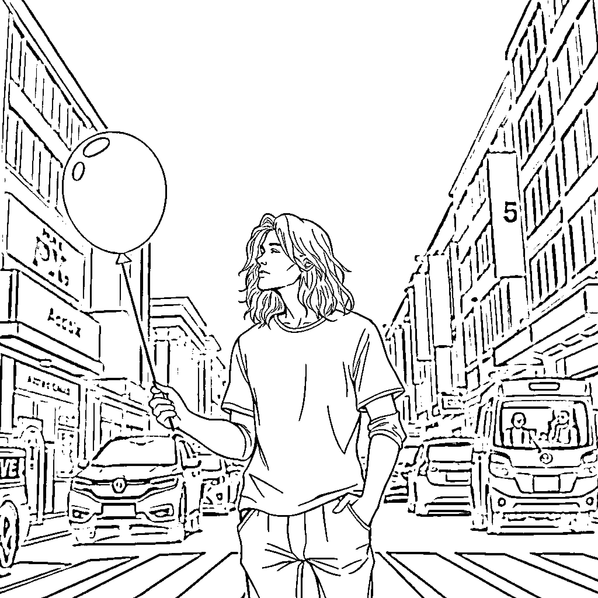 Man strolling through busy city streets Coloring Page (free black-and-white line drawing printable PDF for all, from beginners to advanced learners, including children, teens, adults, and seniors)