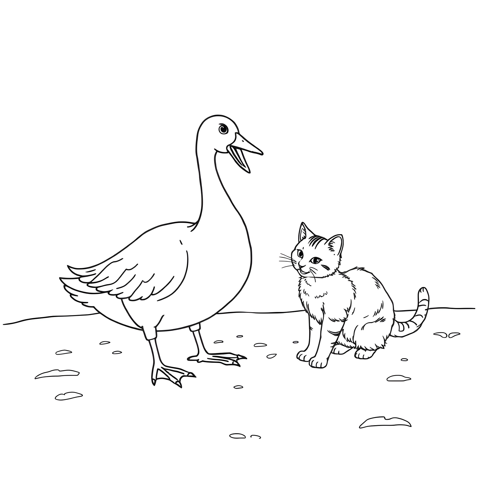 Goose and Curious Cat in the Meadow Coloring Page (free black-and-white line drawing printable PDF for all, from beginners to advanced learners, including children, teens, adults, and seniors)