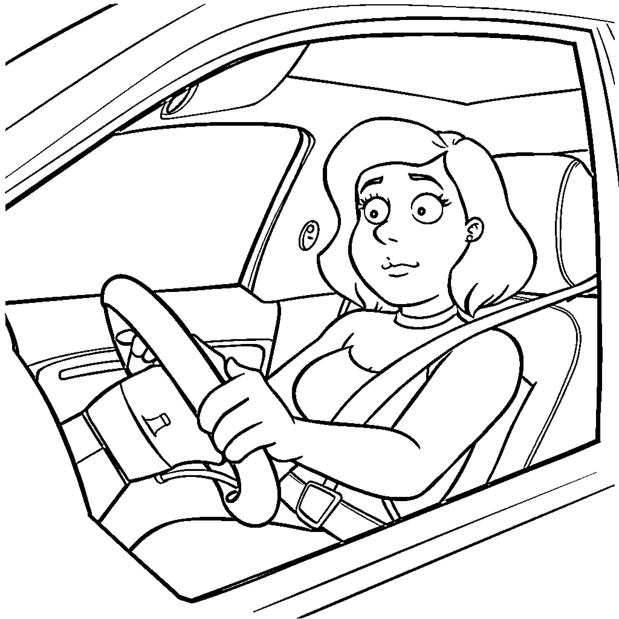 Meg enjoying a drive in her car Coloring Page (free black-and-white line drawing printable PDF for all, from beginners to advanced learners, including children, teens, adults, and seniors)
