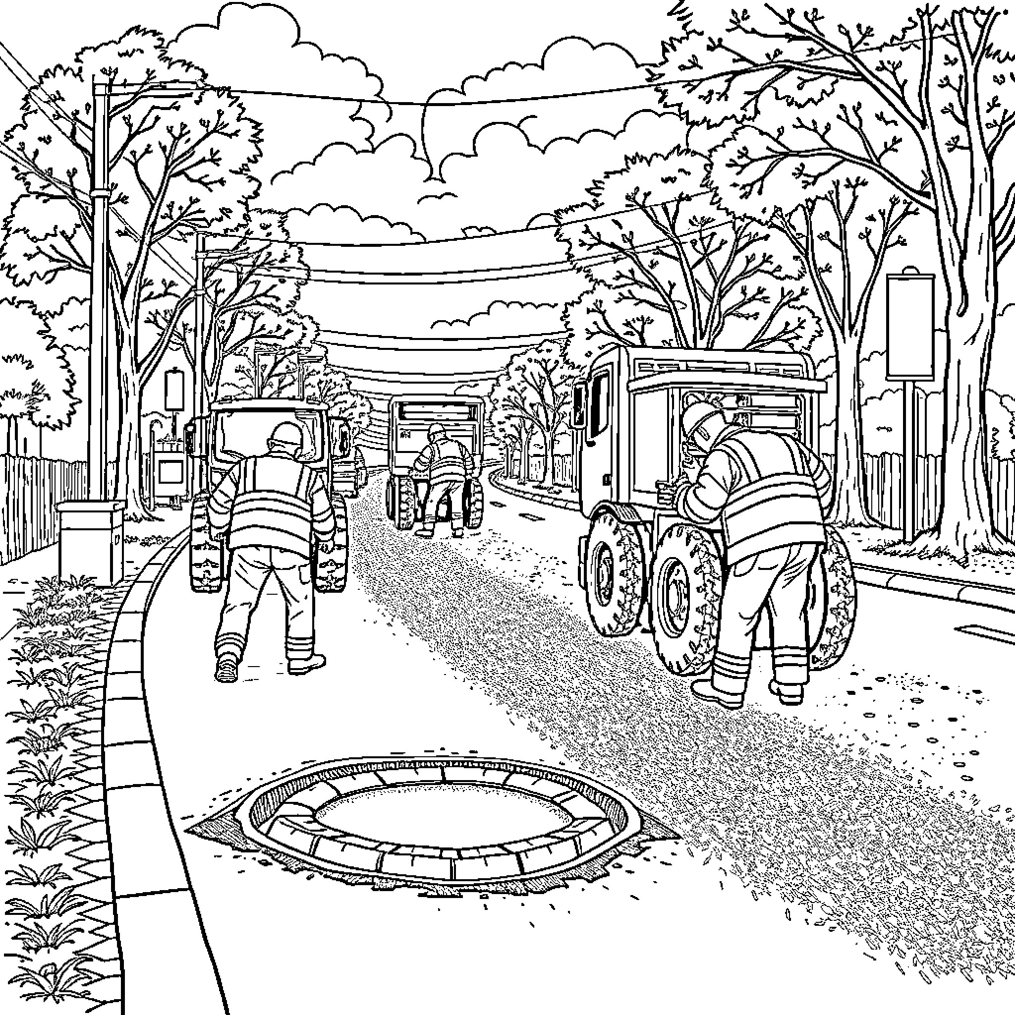 Work Vehicle Operators Repairing Street in Scenic Outdoor Setting Coloring Page (free black-and-white line drawing printable PDF for all, from beginners to advanced learners, including children, teens, adults, and seniors)