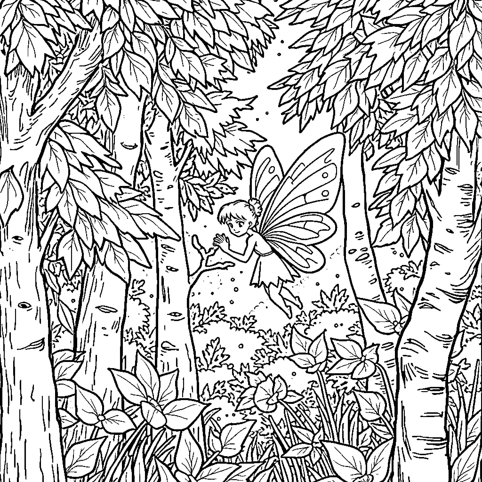 Fairy exploring the enchanting forest Coloring Page (free black-and-white line drawing printable PDF for all, from beginners to advanced learners, including children, teens, adults, and seniors)