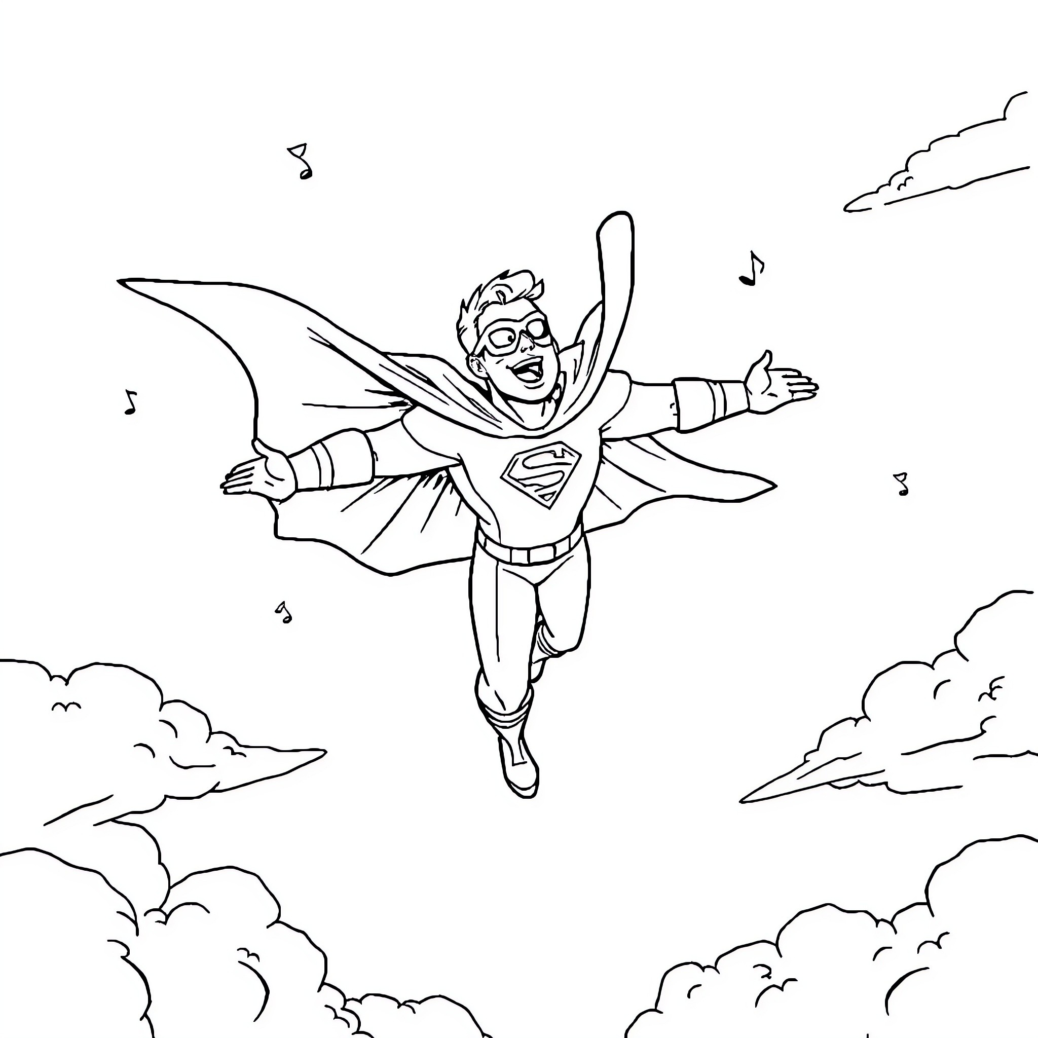 Superhero joyfully soaring through the clouds Coloring Page (free black-and-white line drawing printable PDF for all, from beginners to advanced learners, including children, teens, adults, and seniors)