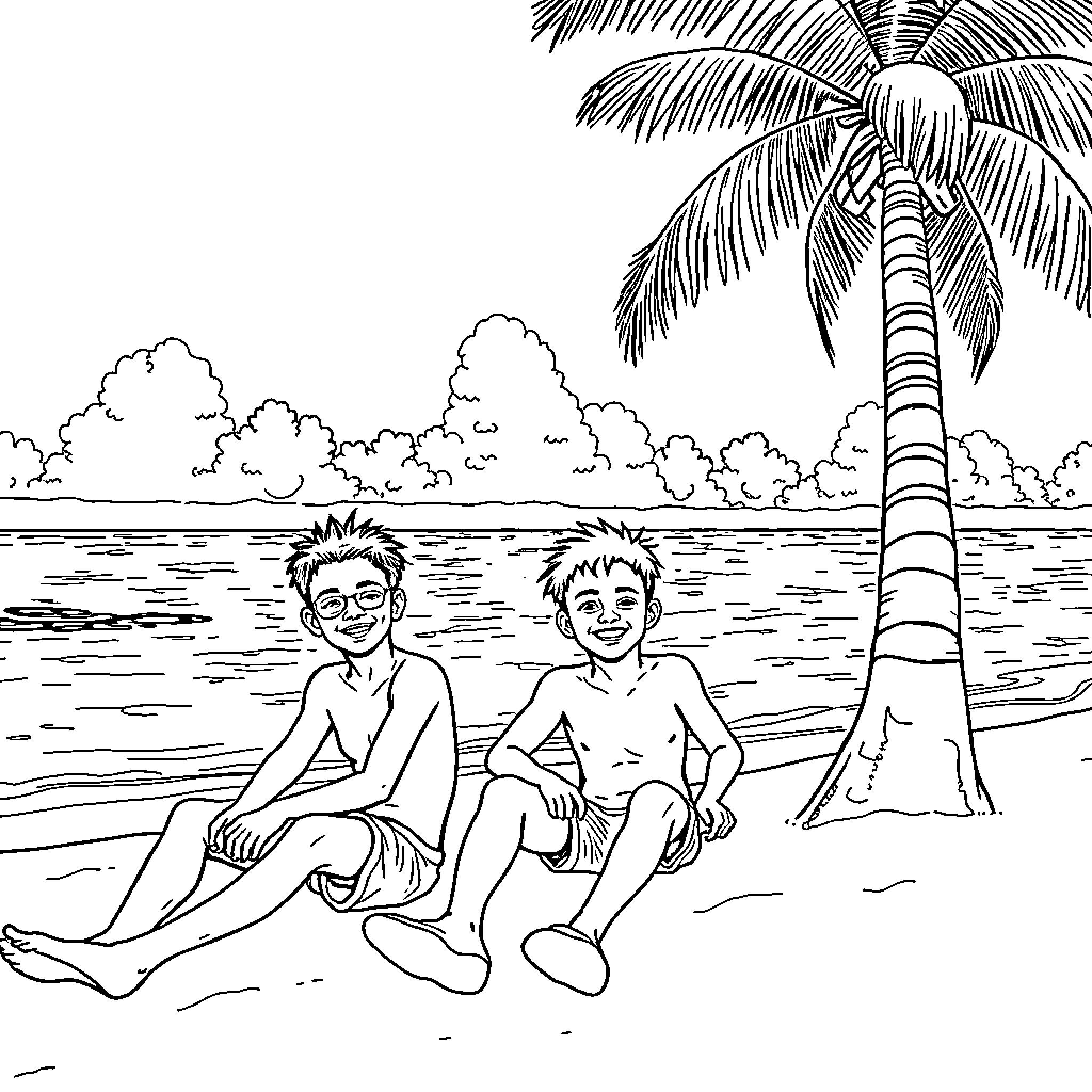 Saja Boy enjoying a sunny beach day with friend Coloring Page (free black-and-white line drawing printable PDF for all, from beginners to advanced learners, including children, teens, adults, and seniors)