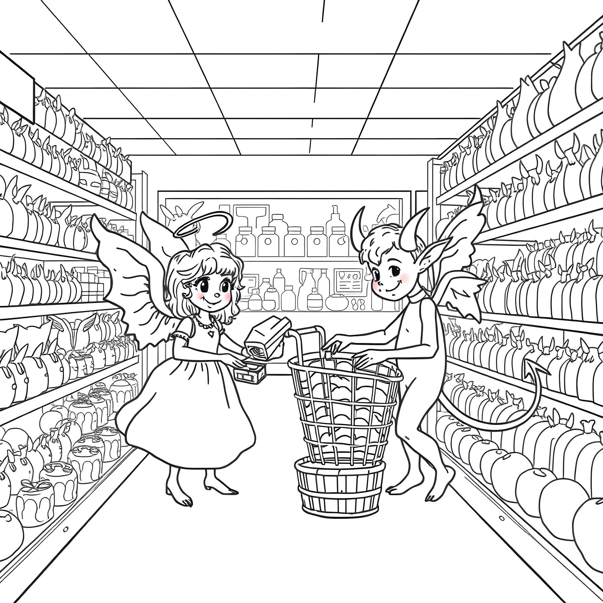 Angel and Devil Shopping Together in Grocery Store Coloring Page (free black-and-white line drawing printable PDF for all, from beginners to advanced learners, including children, teens, adults, and seniors)