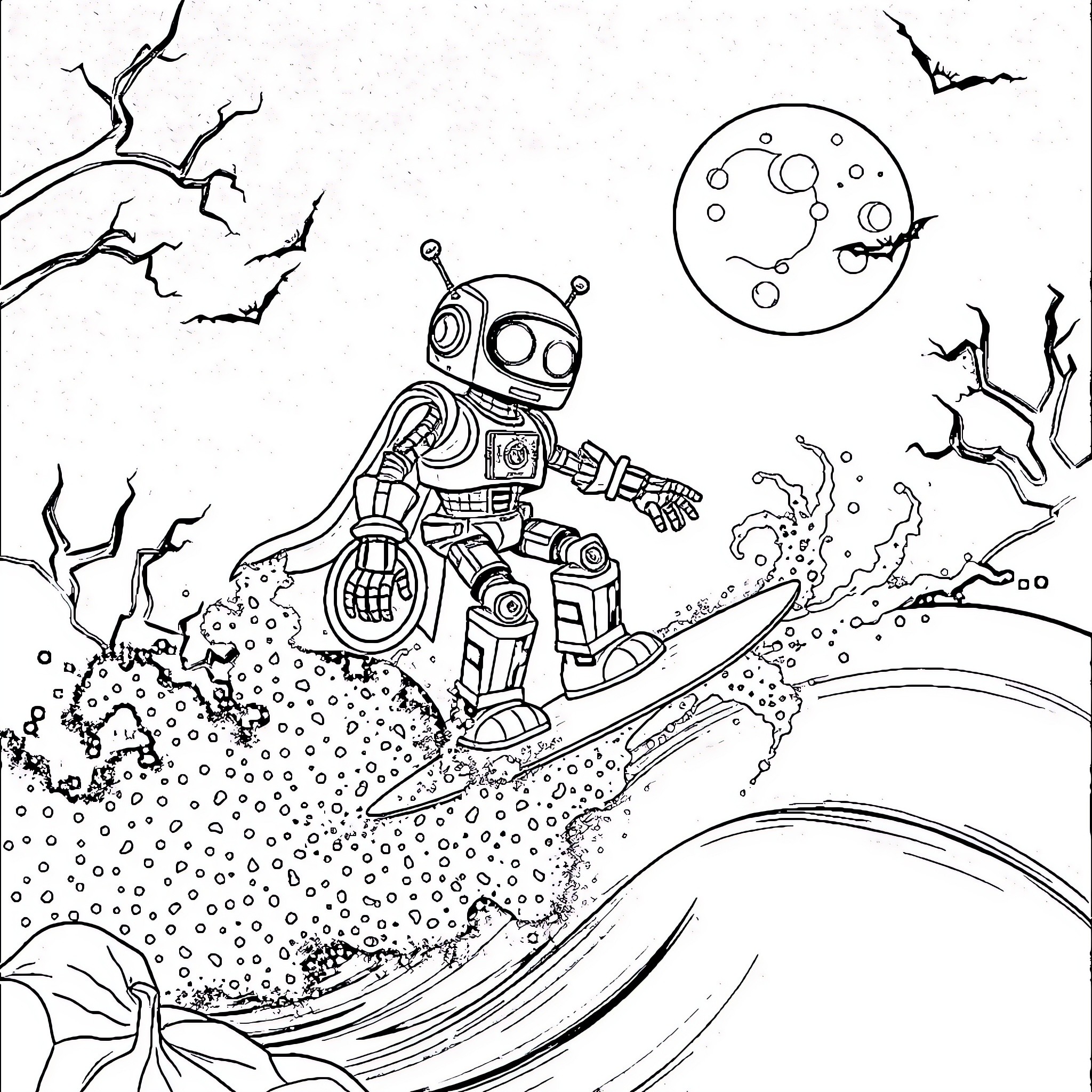 Robot Surfs Through Cosmic Landscape Coloring Page (free black-and-white line drawing printable PDF for all, from beginners to advanced learners, including children, teens, adults, and seniors)