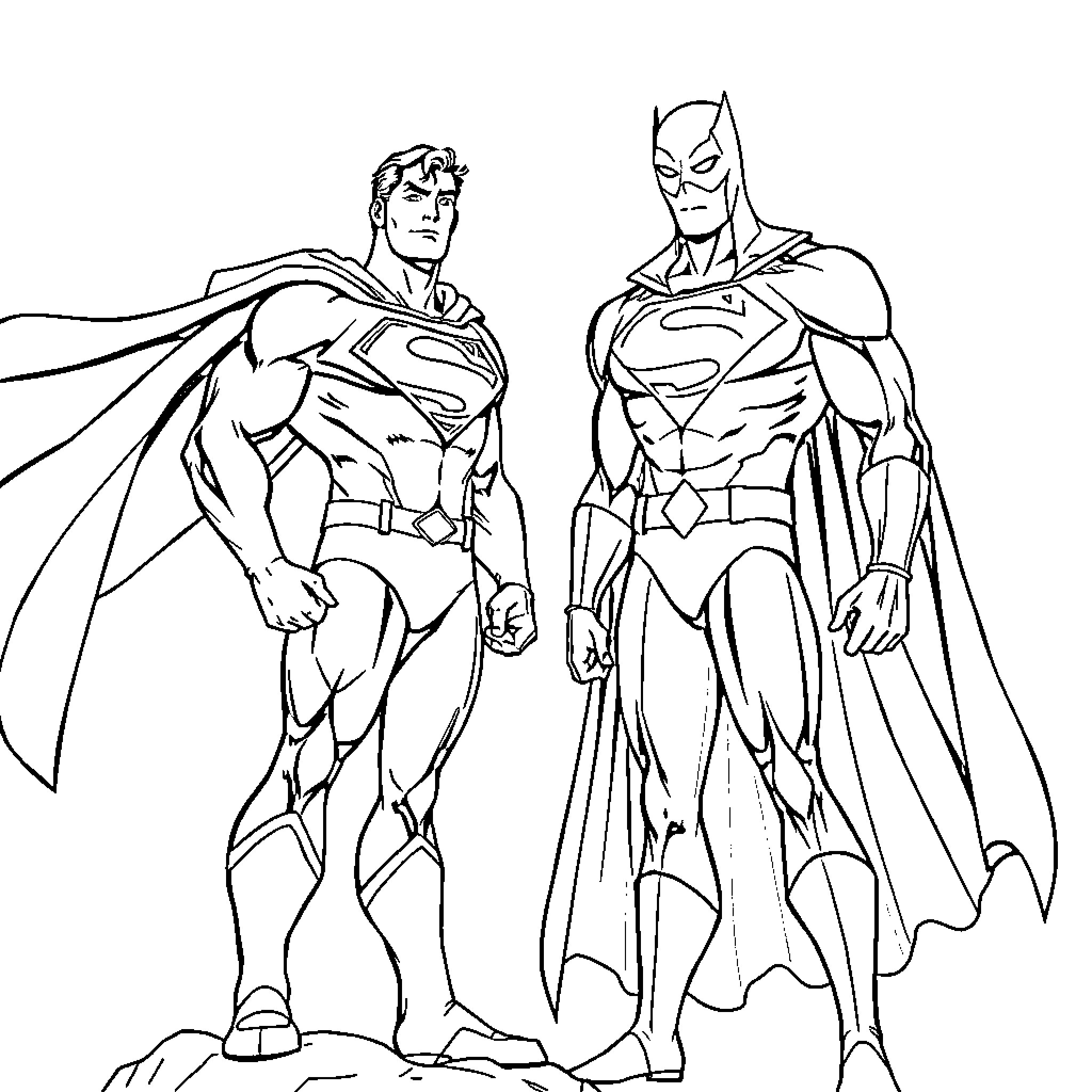 Superman and Batman standing together in heroic poses Coloring Page (free black-and-white line drawing printable PDF for all, from beginners to advanced learners, including children, teens, adults, and seniors)