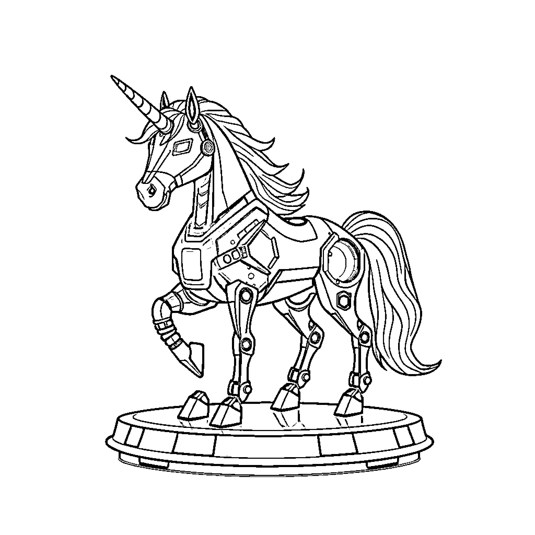Robot Unicorn performing on stage Coloring Page (free black-and-white line drawing printable PDF for all, from beginners to advanced learners, including children, teens, adults, and seniors)
