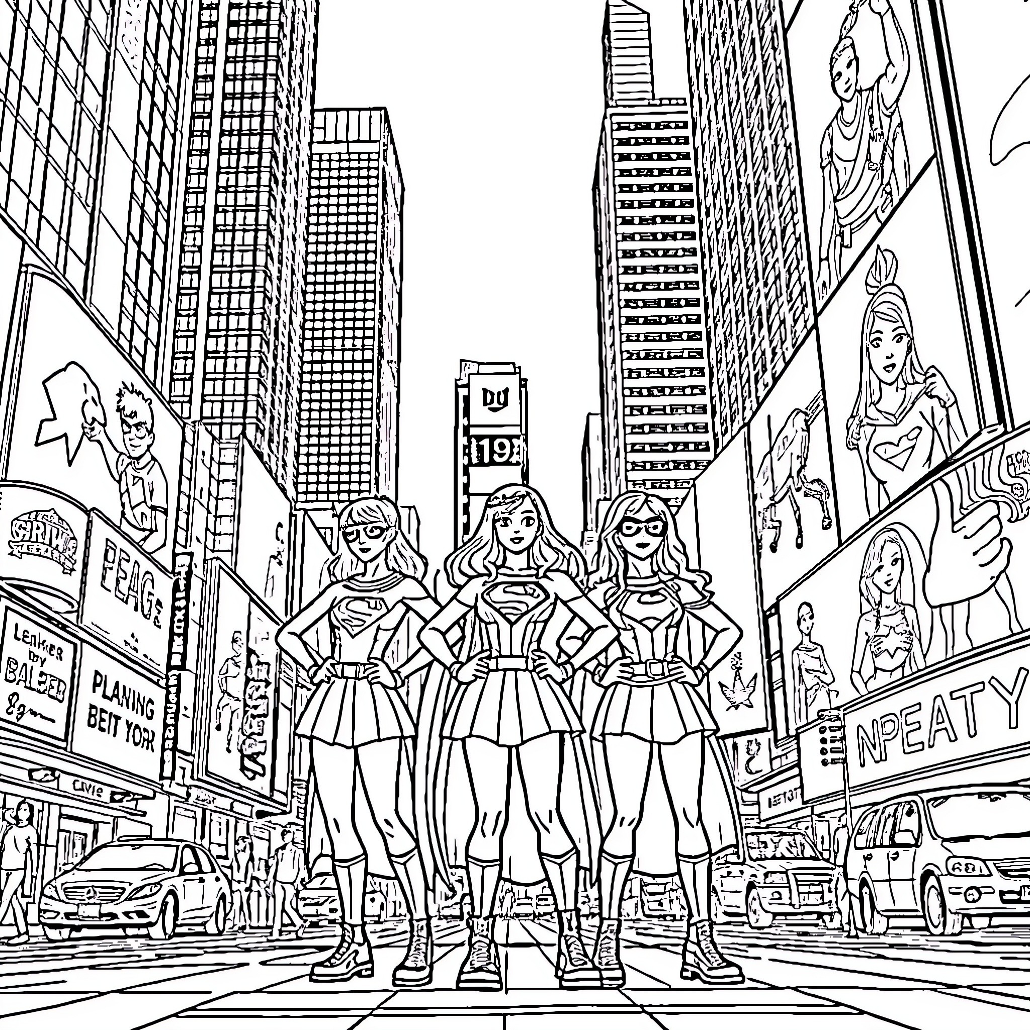 Girl superheroes posing in Times Square Coloring Page (free black-and-white line drawing printable PDF for all, from beginners to advanced learners, including children, teens, adults, and seniors)