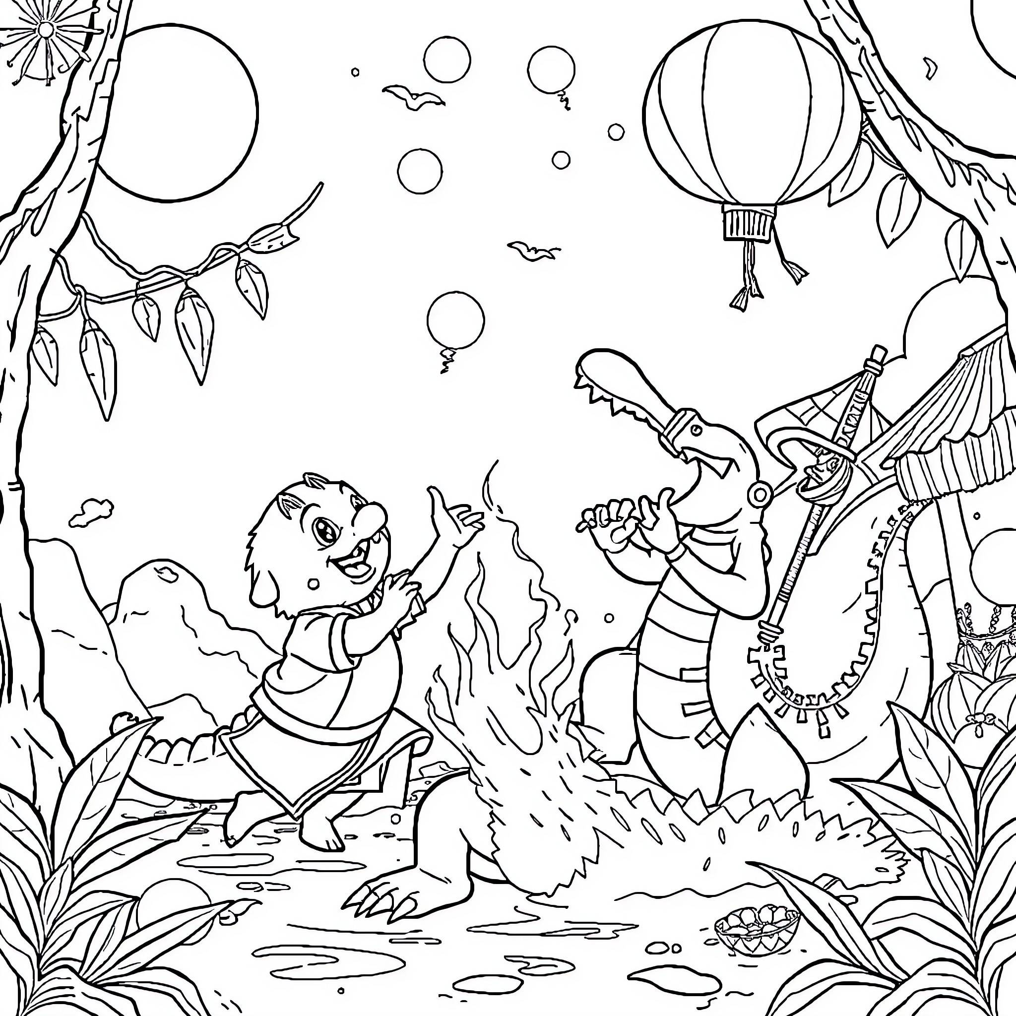 Crocodile friends enjoying a lively campfire in the jungle Coloring Page (free black-and-white line drawing printable PDF for all, from beginners to advanced learners, including children, teens, adults, and seniors)