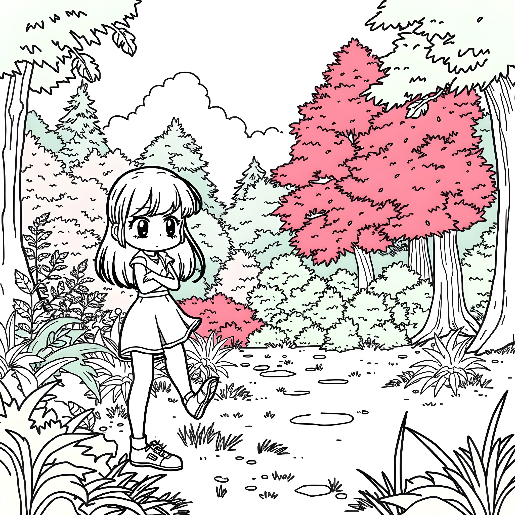Nami exploring the enchanted forest Coloring Page (free black-and-white line drawing printable PDF for all, from beginners to advanced learners, including children, teens, adults, and seniors)