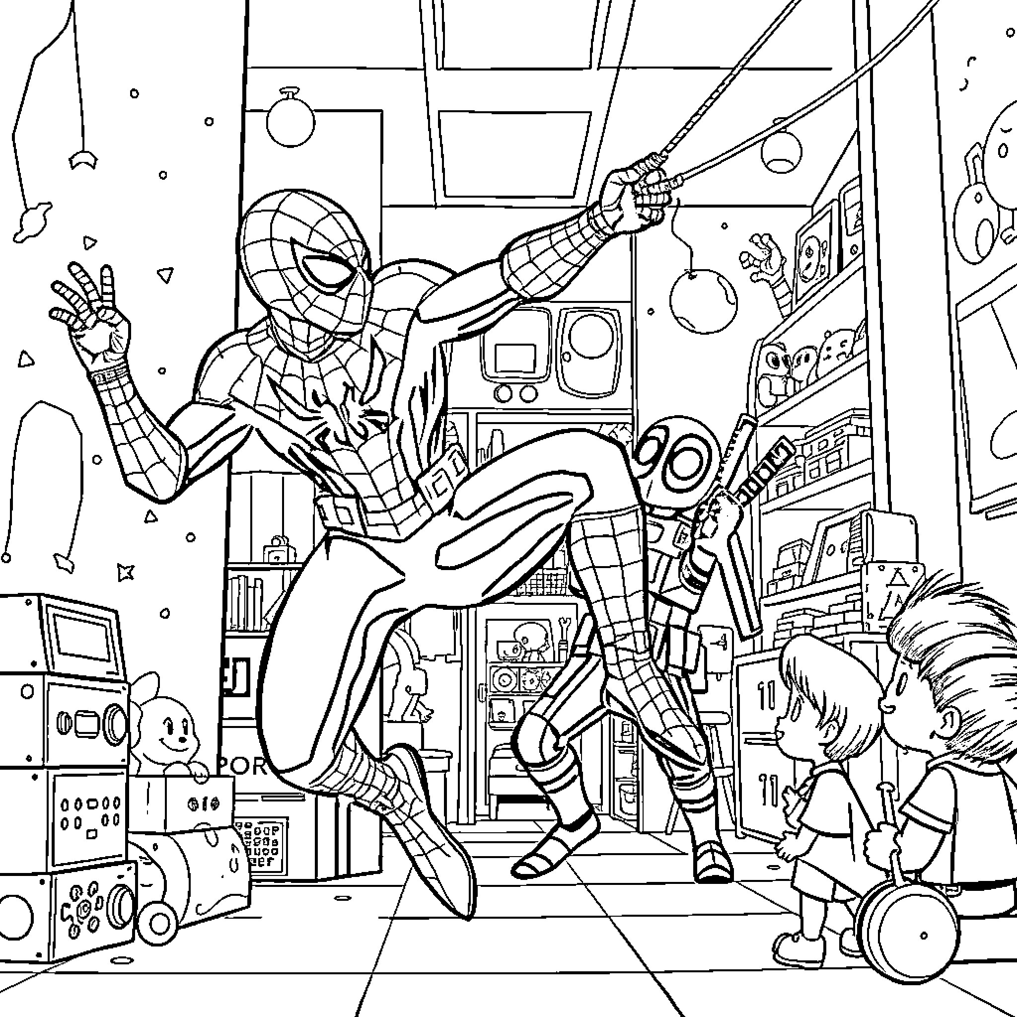 Spider-Man swinging through a cluttered room with kids Coloring Page (free black-and-white line drawing printable PDF for all, from beginners to advanced learners, including children, teens, adults, and seniors)