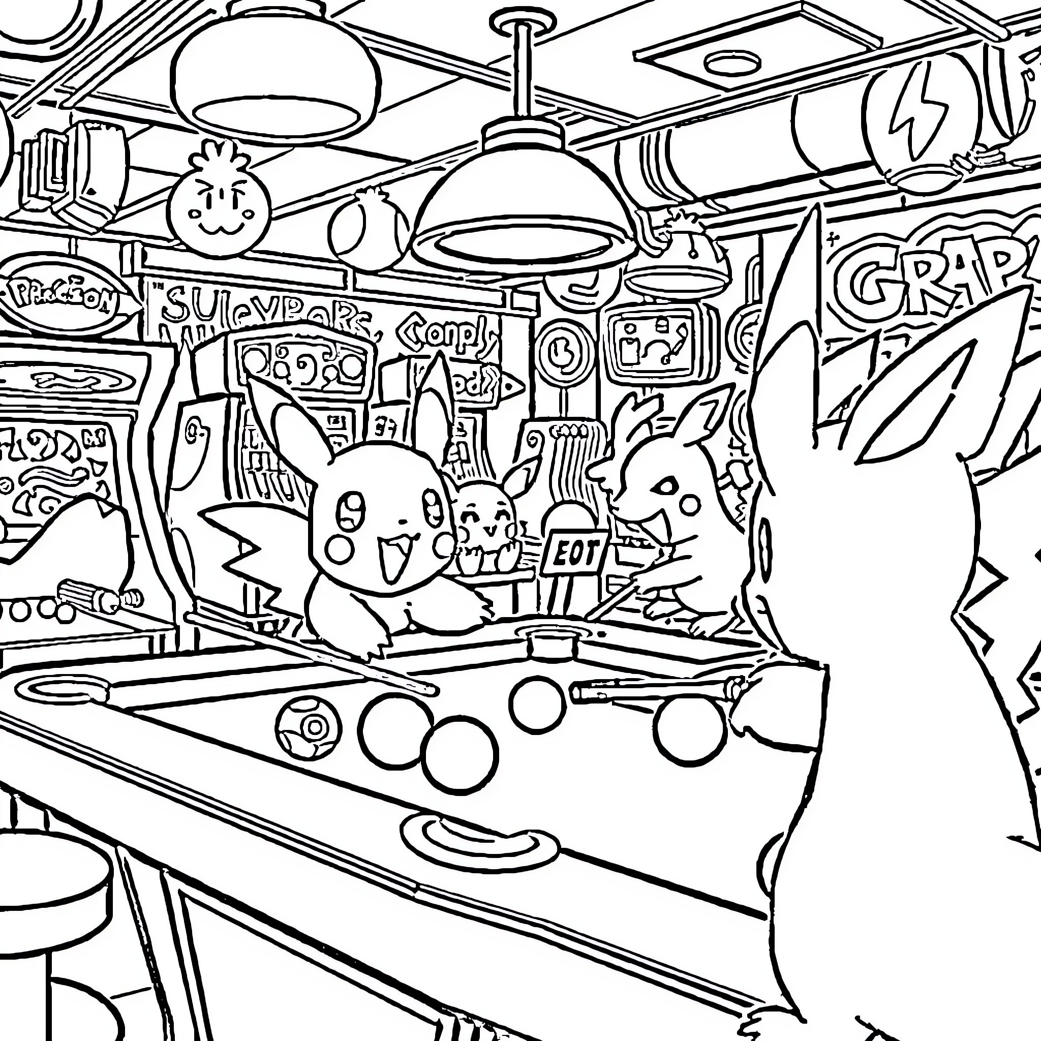 Pokémon characters in a lively game room Coloring Page (free black-and-white line drawing printable PDF for all, from beginners to advanced learners, including children, teens, adults, and seniors)