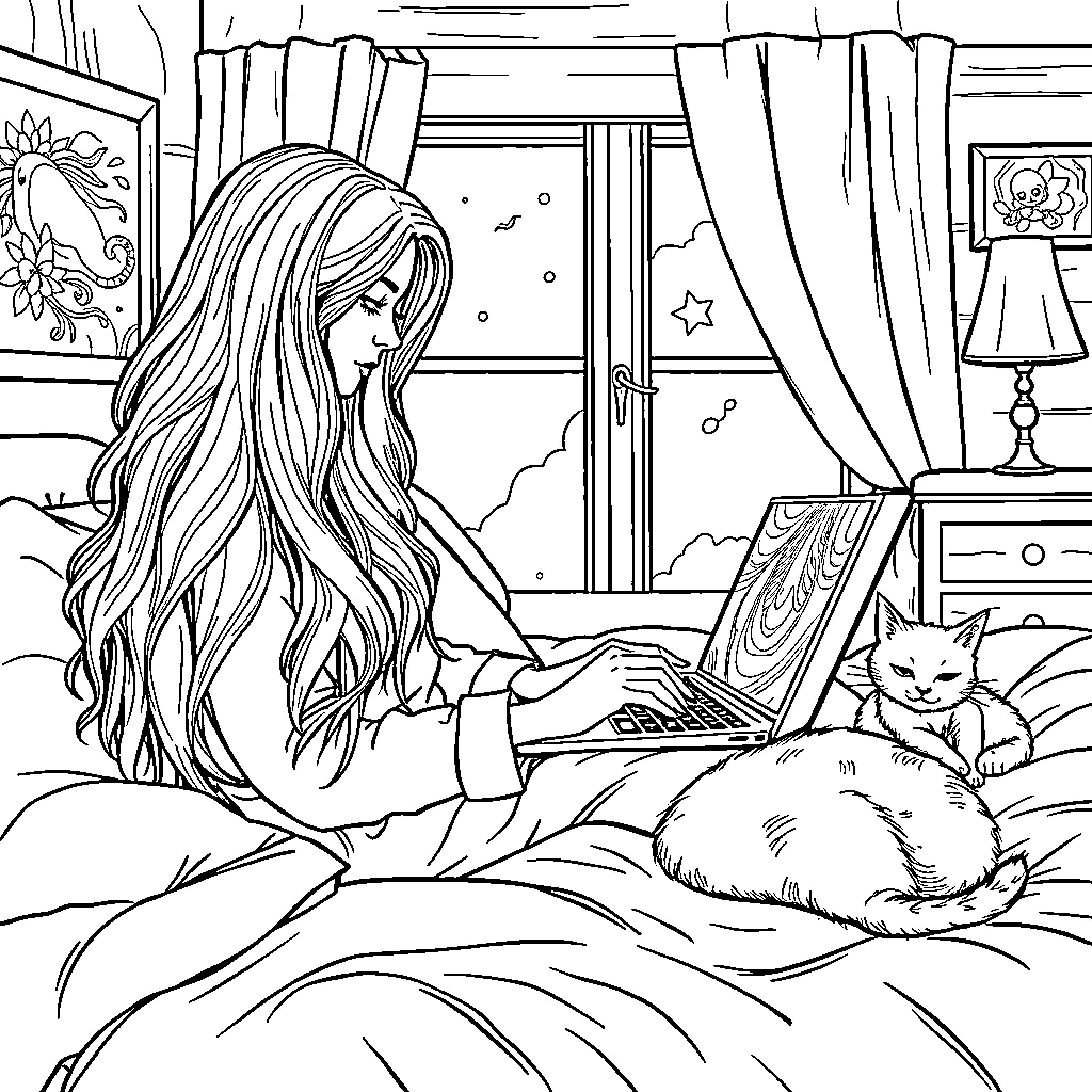 Woman relaxing in cozy bedroom with laptop and cat Coloring Page (free black-and-white line drawing printable PDF for all, from beginners to advanced learners, including children, teens, adults, and seniors)