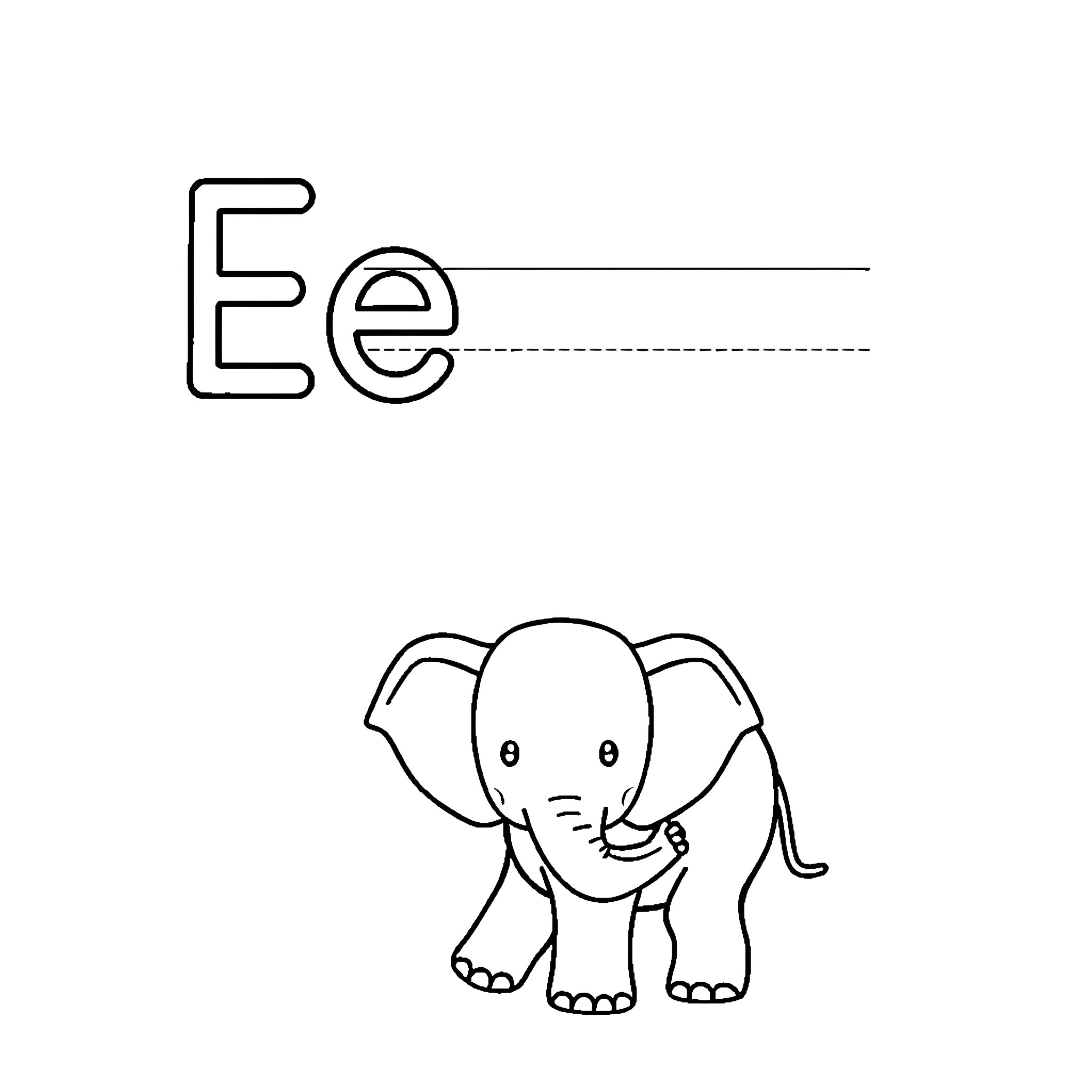 Elephant line drawing learning alphabet Coloring Page (free black-and-white line drawing printable PDF for all, from beginners to advanced learners, including children, teens, adults, and seniors)