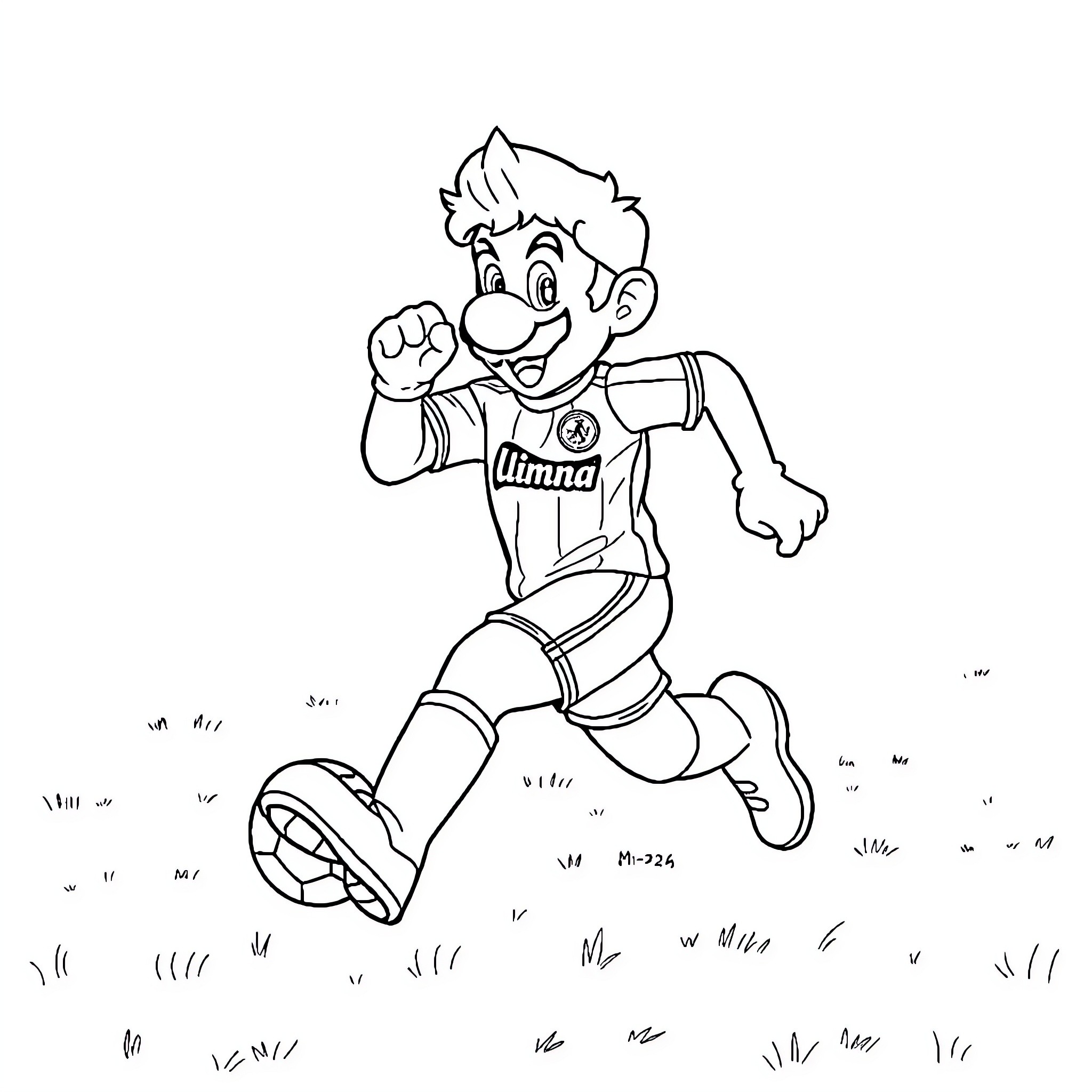 Mario running excitedly on a grassy field Coloring Page (free black-and-white line drawing printable PDF for all, from beginners to advanced learners, including children, teens, adults, and seniors)